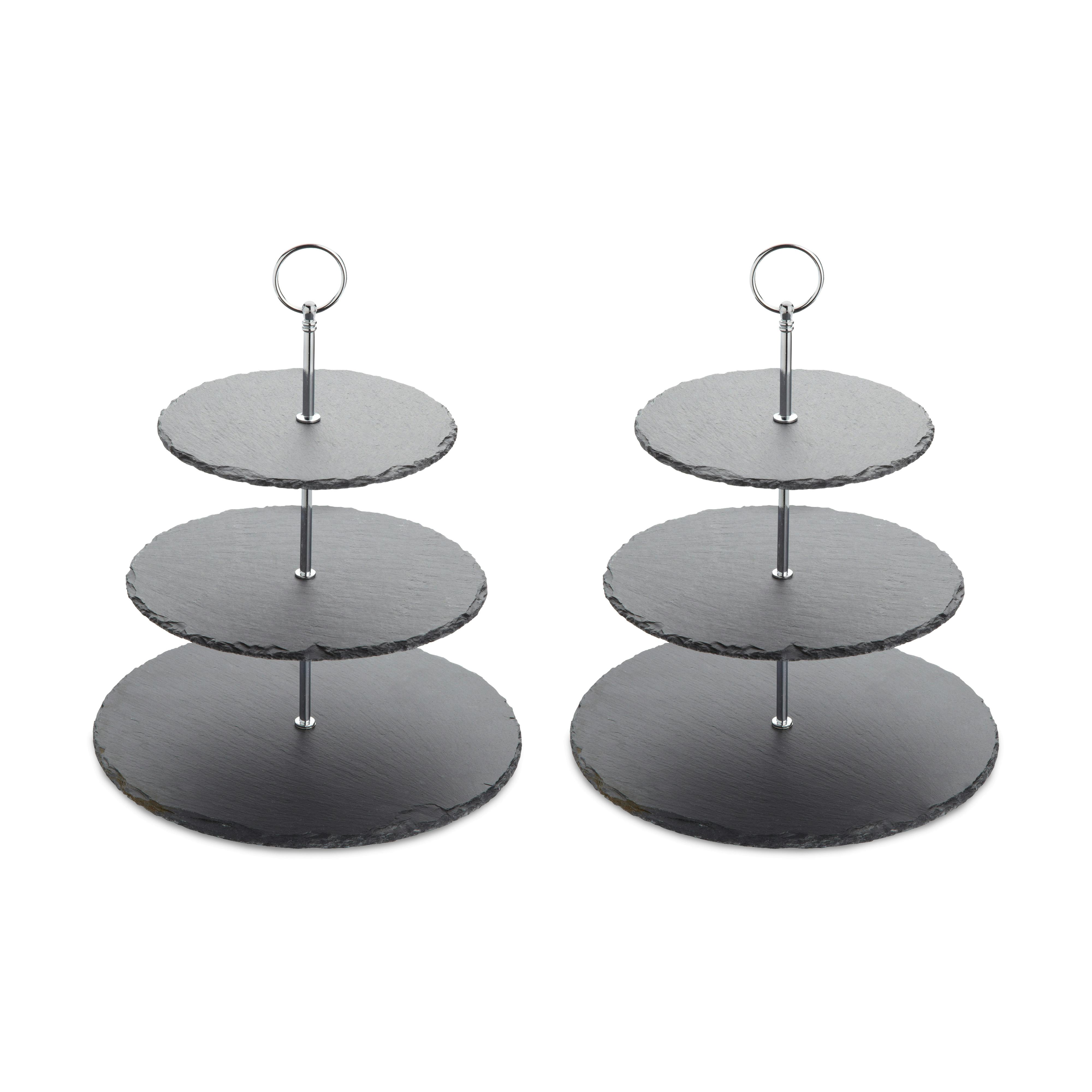 Rackhams Black Appetiser Slate 3 Tier Serving Stands, Tiered Afternoon Tea Stands, Set Of 2, 28.5 X 34.5Cm - Slate With Metal Spindles - Serving Stands