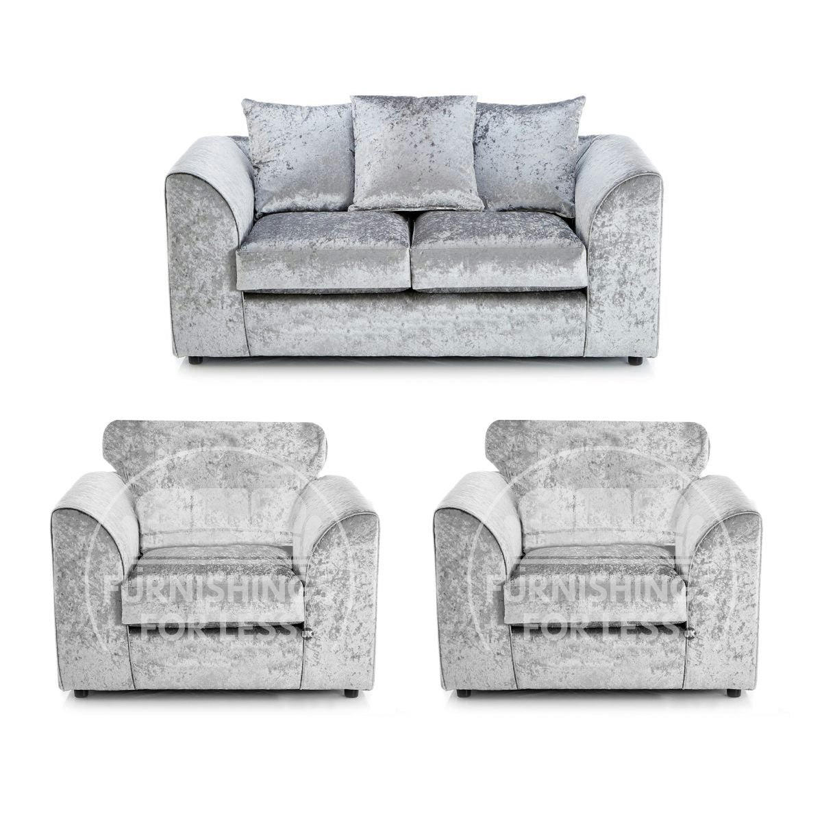 Furnishings For Less Silver Crystal Crushed Velvet 2 Seater And 2 Armchairs Scatter Back
