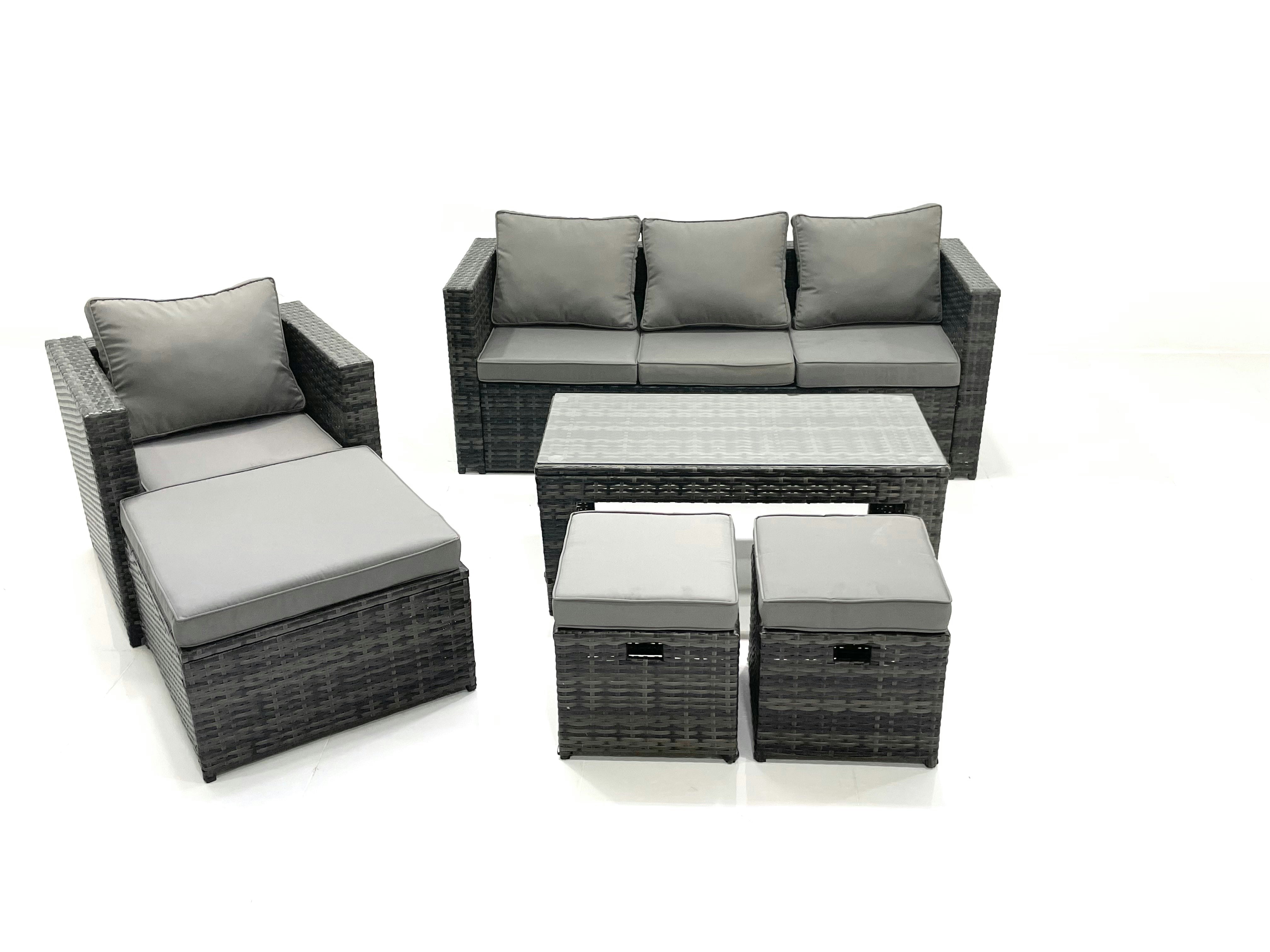 Fimous Dark/Grey Rattan Garden Furniture Set Outdoor Lounger Sofa With Coffee Table Armchair 3 Footstools Mixed