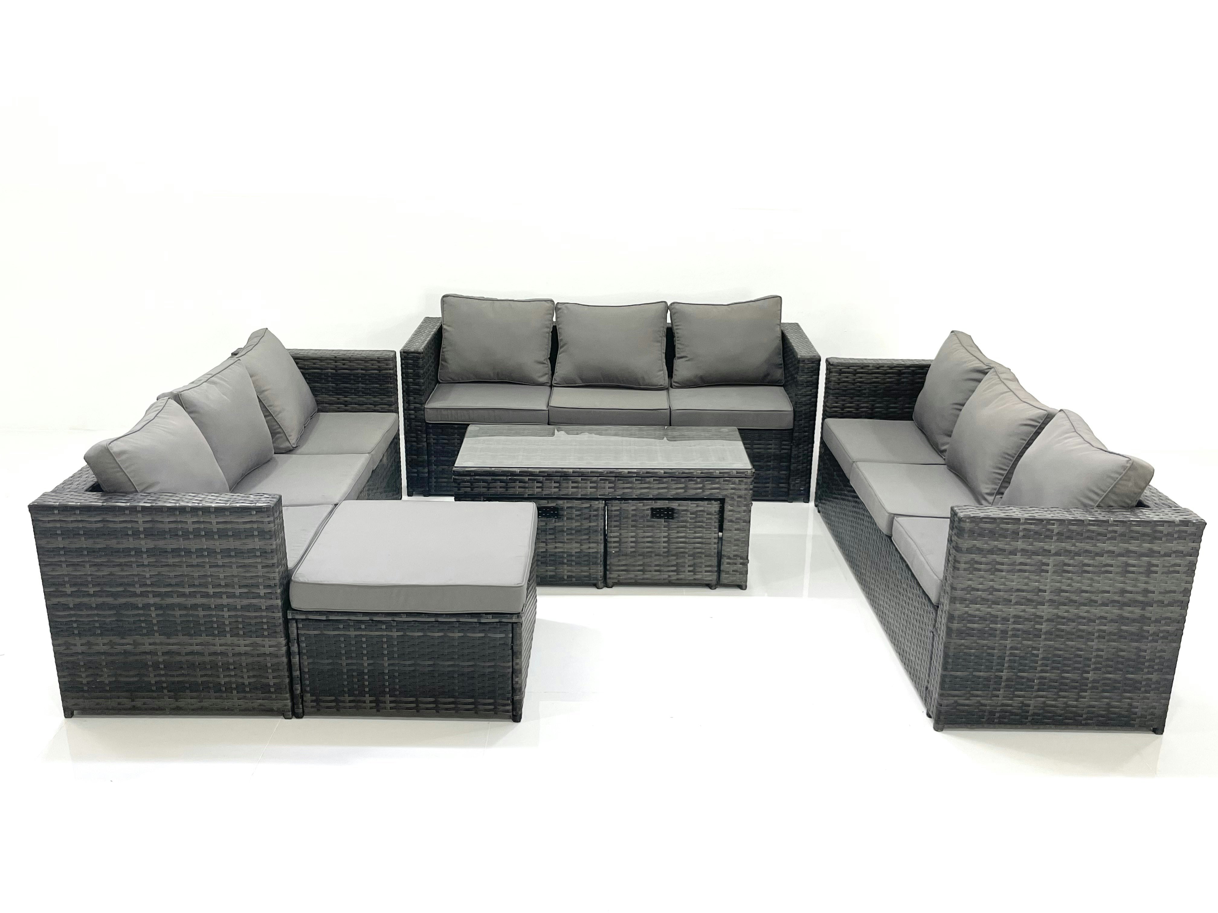 Fimous Dark/Grey Outdoor Garden Furniture Set 7 Pieces Rattan Sofa Set With Coffee Table 3 Footstools Mixed
