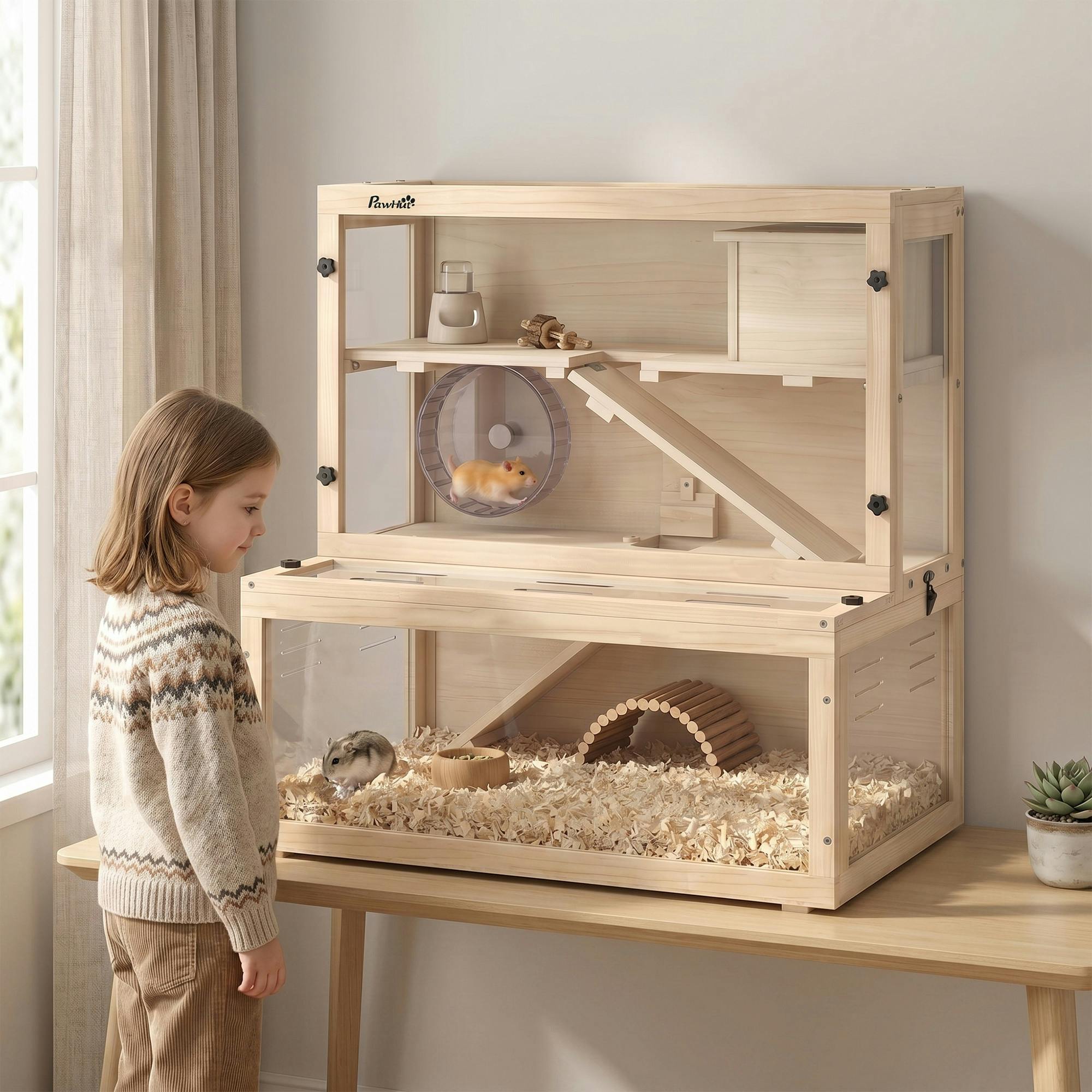 Pawhut 3 Tier Wooden Hamster Cage With Hut, Wheel, Ramps, 80 X 50 X 84 Cm