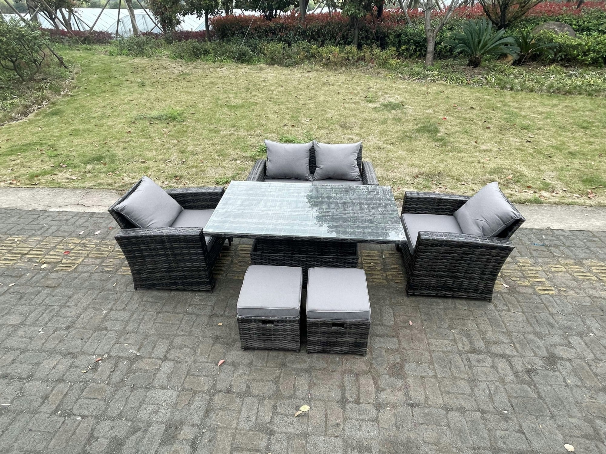 Rackhams Dark/Grey Rattan Outdoor Furniture Adjustable Rising Lifting Rectangle Dining Table Chairs Two Seater Love Sofa Sets Footstools 6 Seater