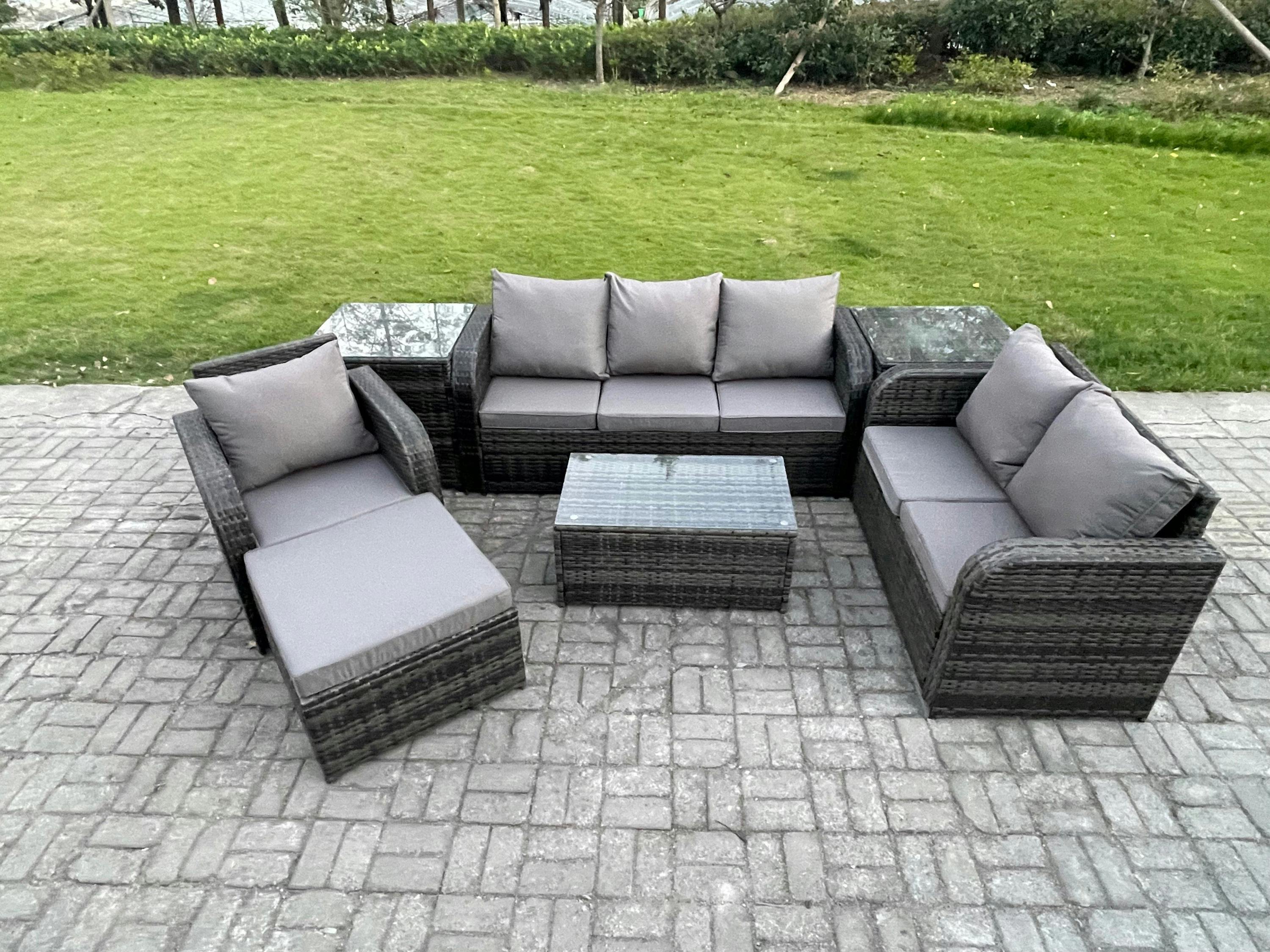 Rackhams Dark/Grey 7 Seater Patio Sofa Set, Wicker Garden, Coffee Table, Reclining Chair, 3 Seater Sofa, 2 Side Tables And Big Footstool, Mixed