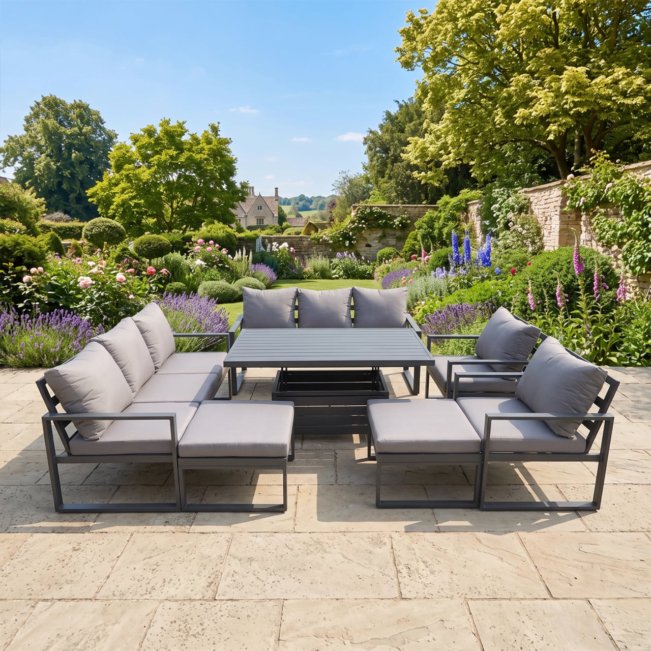 Fimous Dark/Grey 10 Seater Aluminium Garden Furniture Set With Adjustable Rising Dining Table, 2 Sofas, 2 Footstools