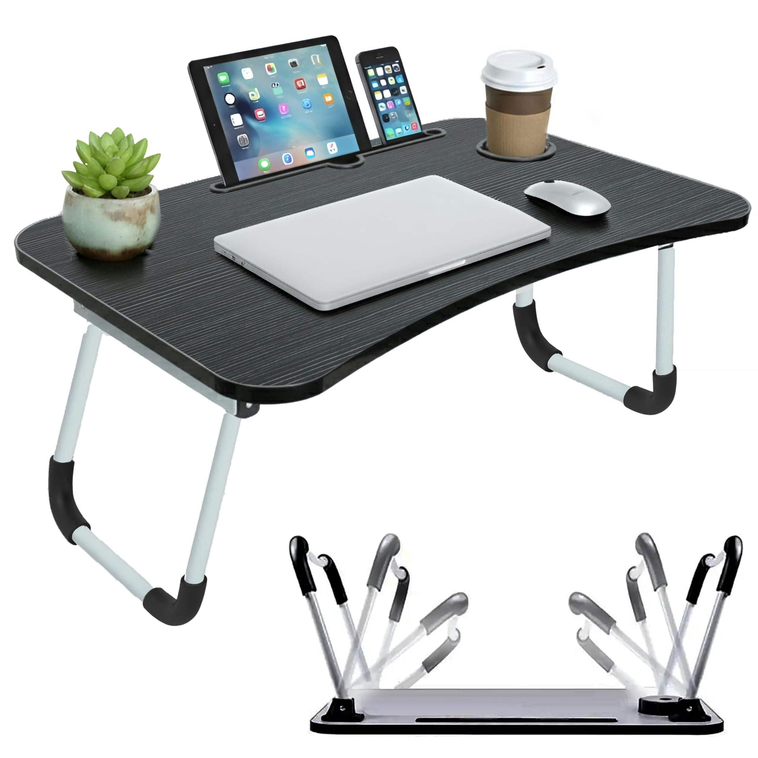 Rackhams Foldable Laptop Table With Tablet Holding Slot - 60×40×28 Cm Portable Bed Tray With Drink Holder, For Bed, Sofa & Desk - 60X40x28 Cm