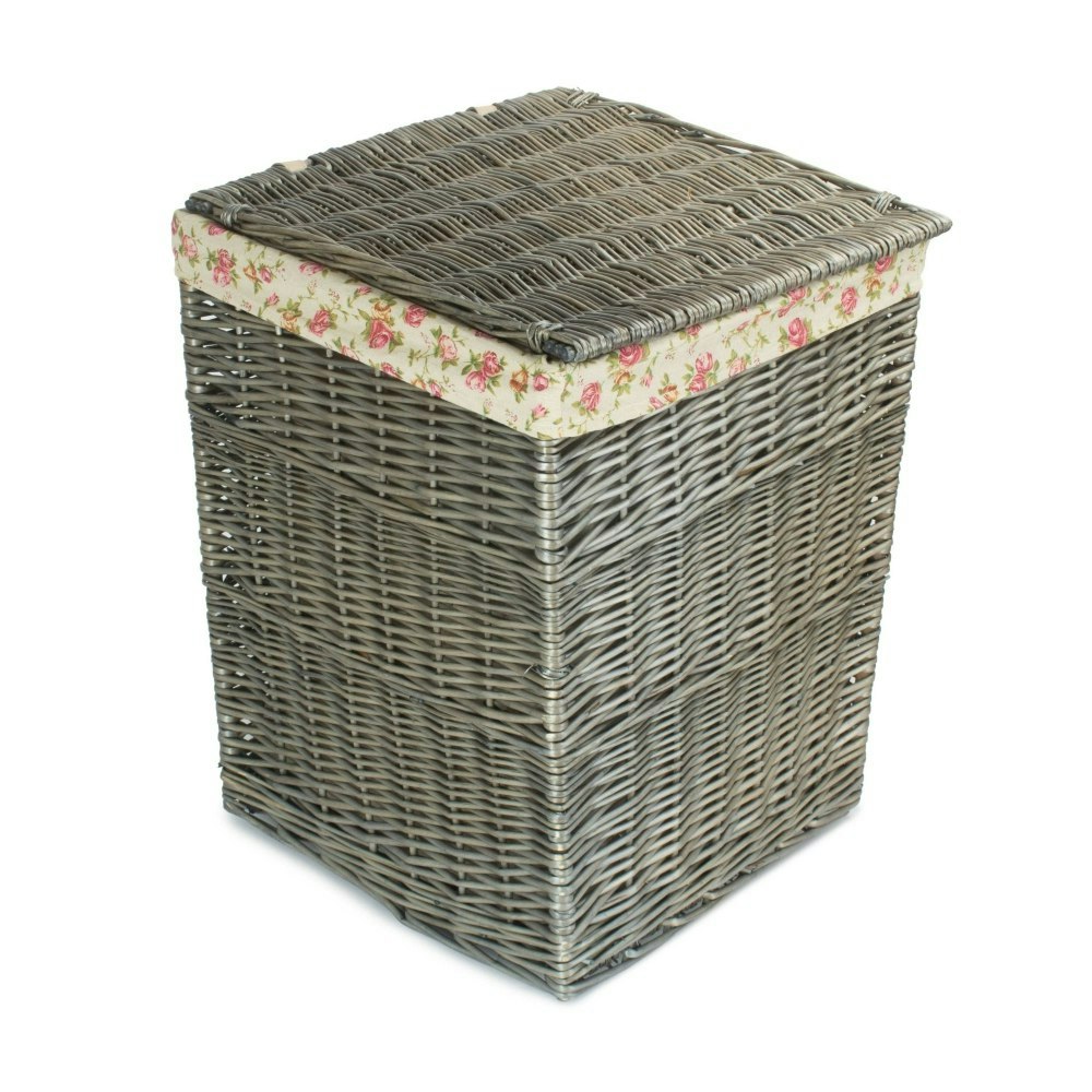 Rackhams Red/Brown/Cream Large Wicker Square Laundry Basket With Garden Rose Lining