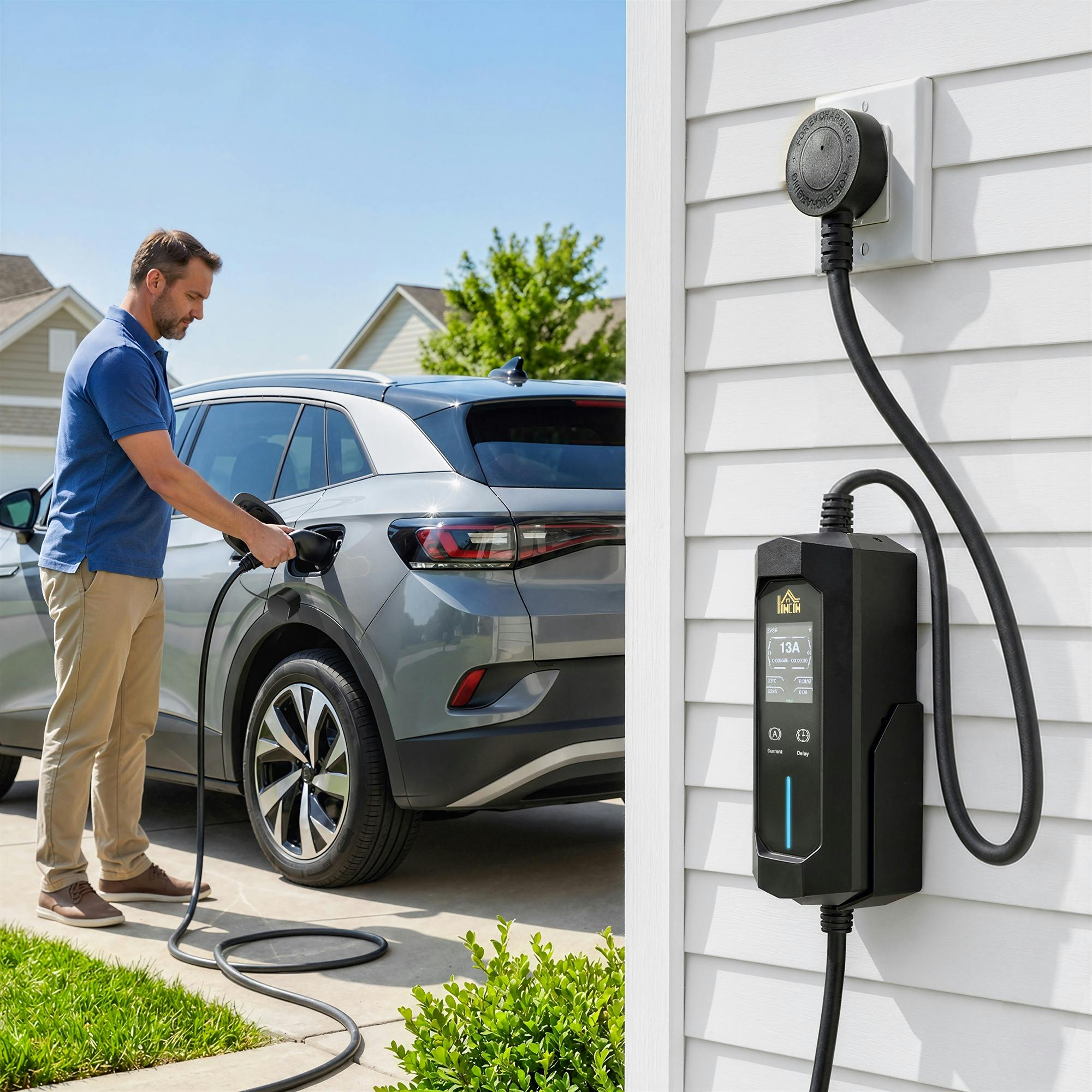 Homcom Ev Charger Type 2 To 3 Pin Plug, 10 M, 2.8 Kw, 6-13 A