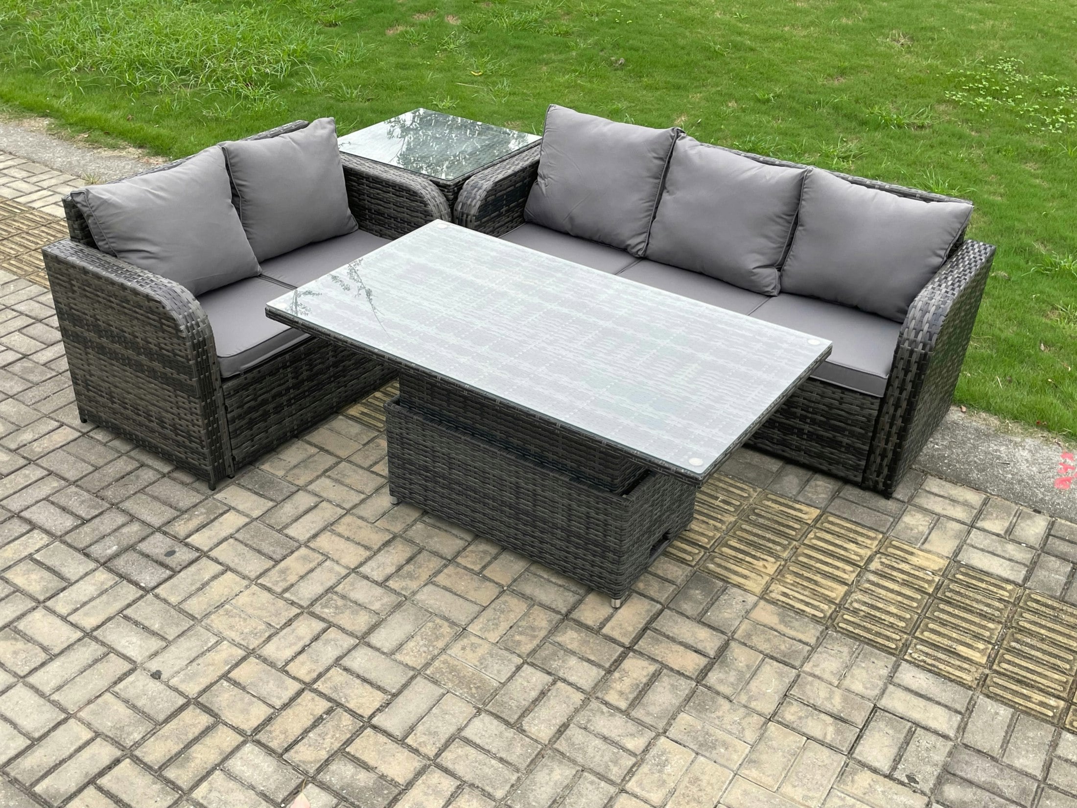 Fimous Dark/Grey Outdoor Rattan Garden Furniture Sets Height Adjustable Rising Lifting Dining Table Lounge Sofa Set With Side Table Mixed