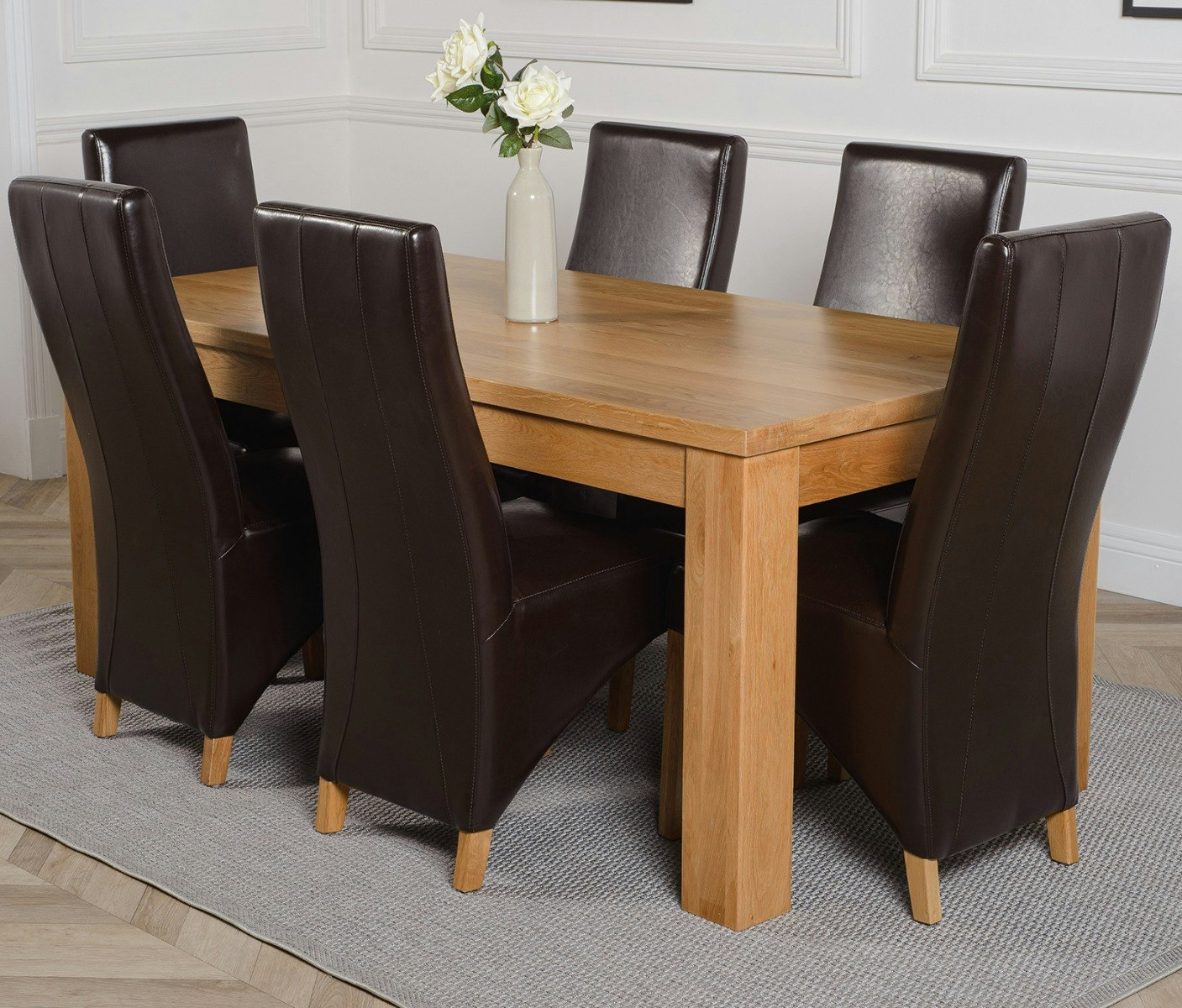 That's Furniture Brown Dakota Large Oak Dining Table With Lola Leather Chairs - 6 Chairs