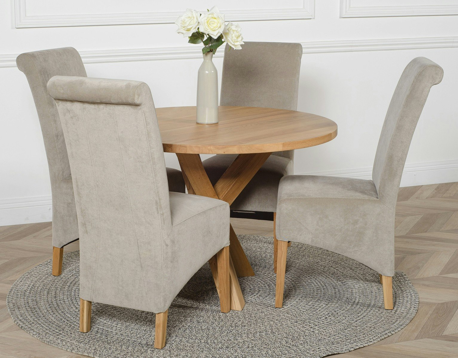 Rackhams Grey Oregon Round Oak Dining Table With Montana Fabric Chairs - 1 - 4 Chairs