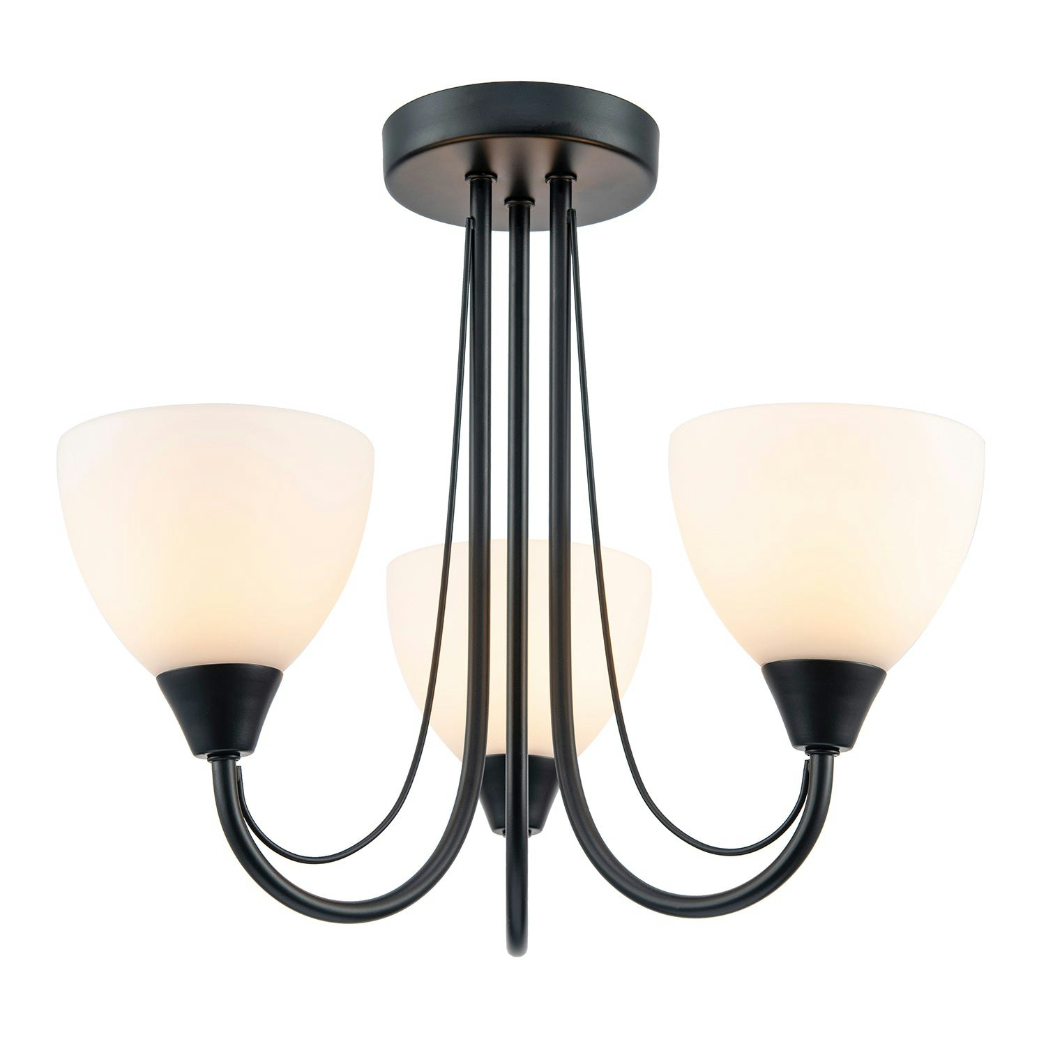 Happy Homewares Black/Light/White Designer Matte Three Arm Ceiling With Opal Glass Shades Small