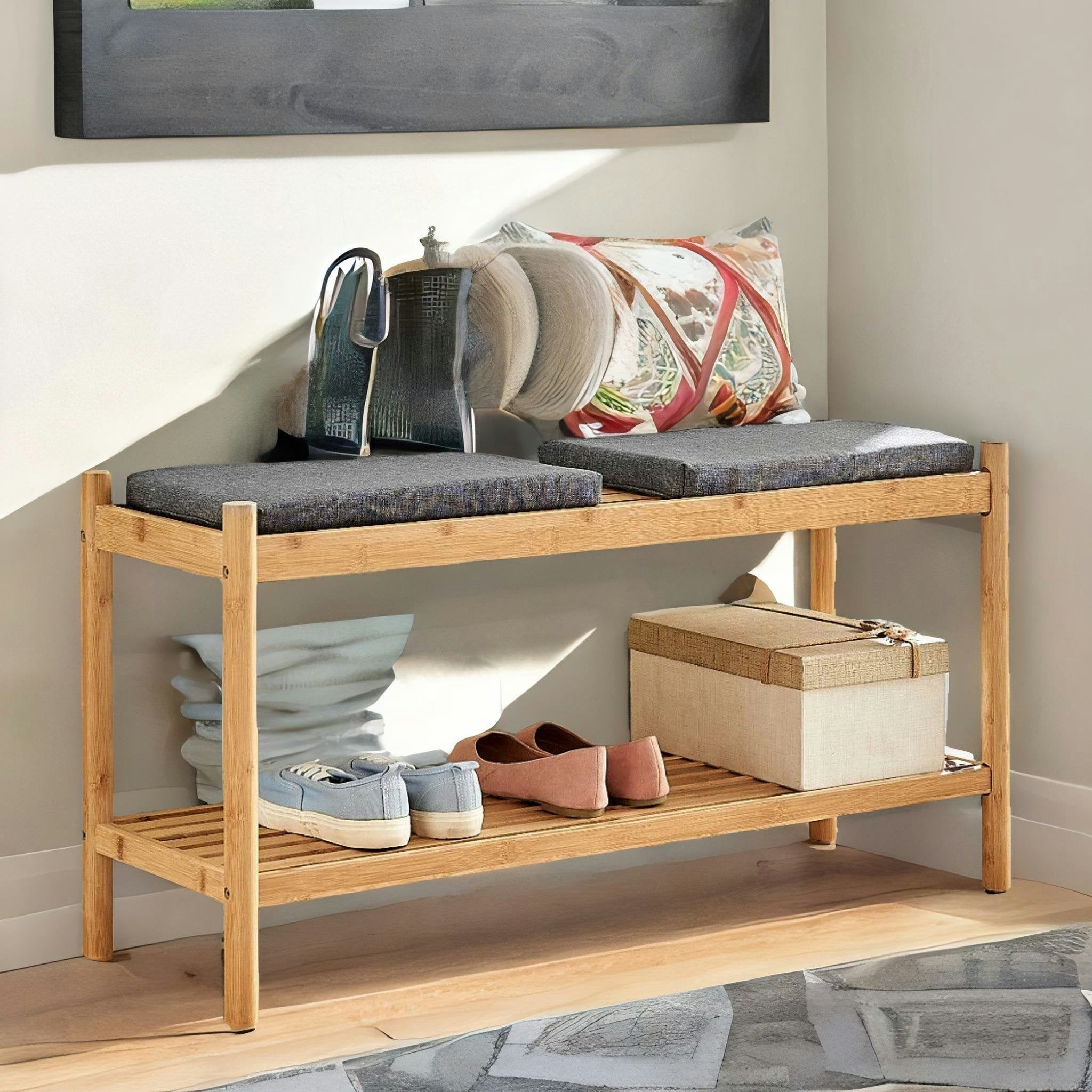 Rackhams Wooden Shoe Storage Bench With 2 Cushioned Seat