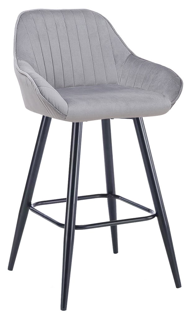 Lamboro Black/Grey Velluto Velvet Kitchen Bar Stool, Powder-Coated Fixed Legs With Footrest, Velvet Padded Seat, Backrest & Armrest,