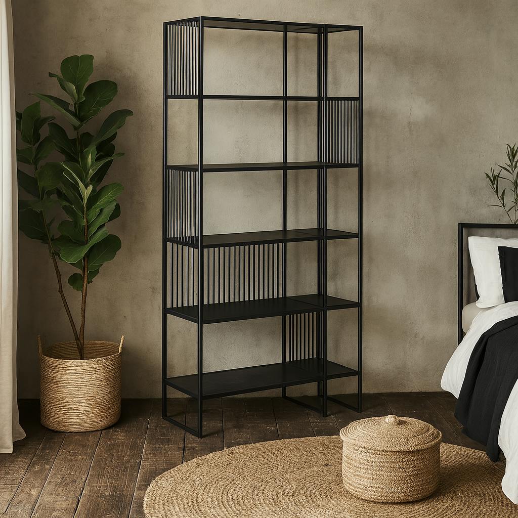 Rackhams Black Porto Tall Modern Organic Metal Shelving Unit Stone Effect Shelves