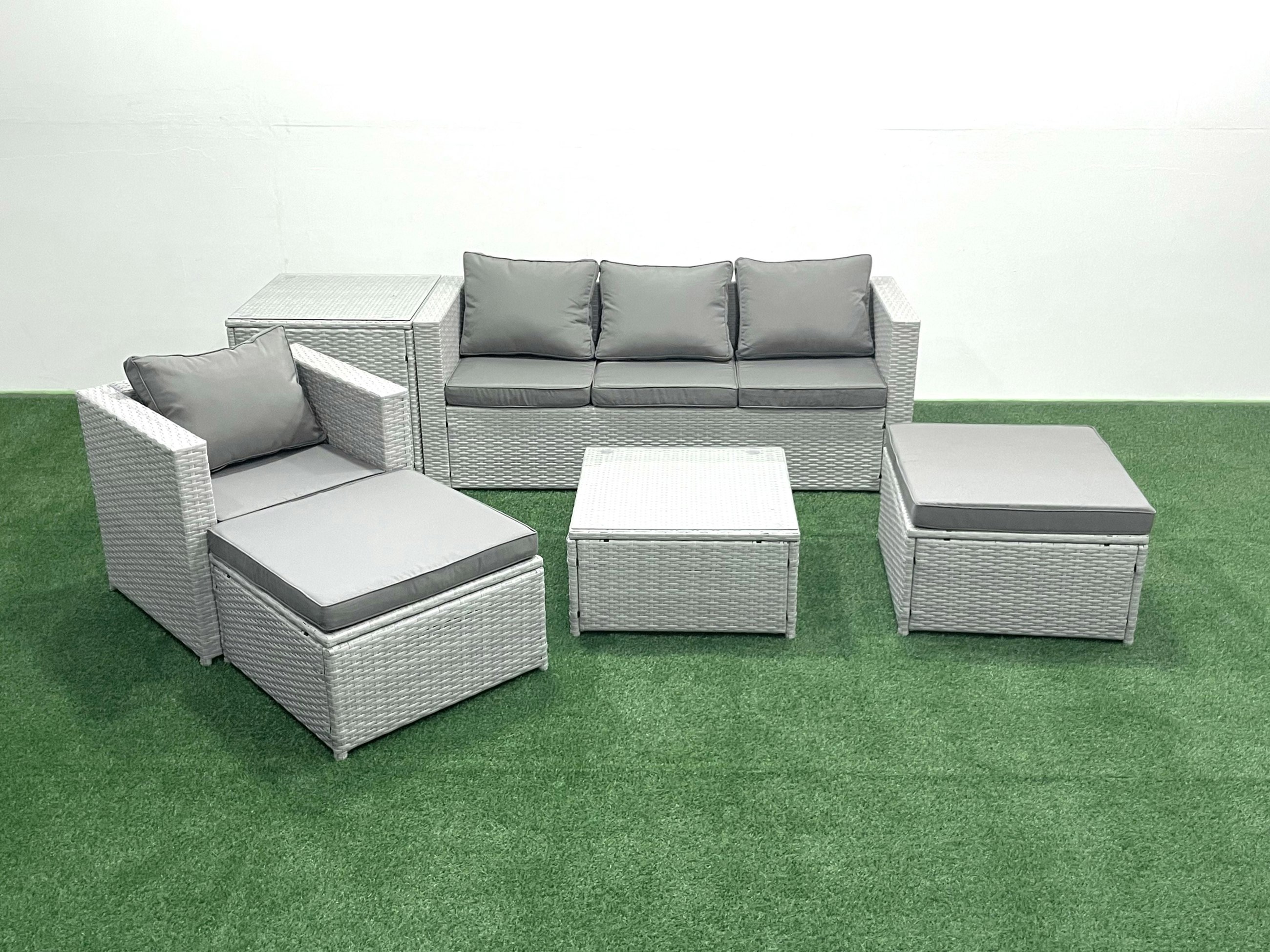 Rackhams Light/Grey Garden Outdoor Furniture Set 6 Seater Rattan Sofa Set With 2 Big Footstools Armchair Side Table Mixed