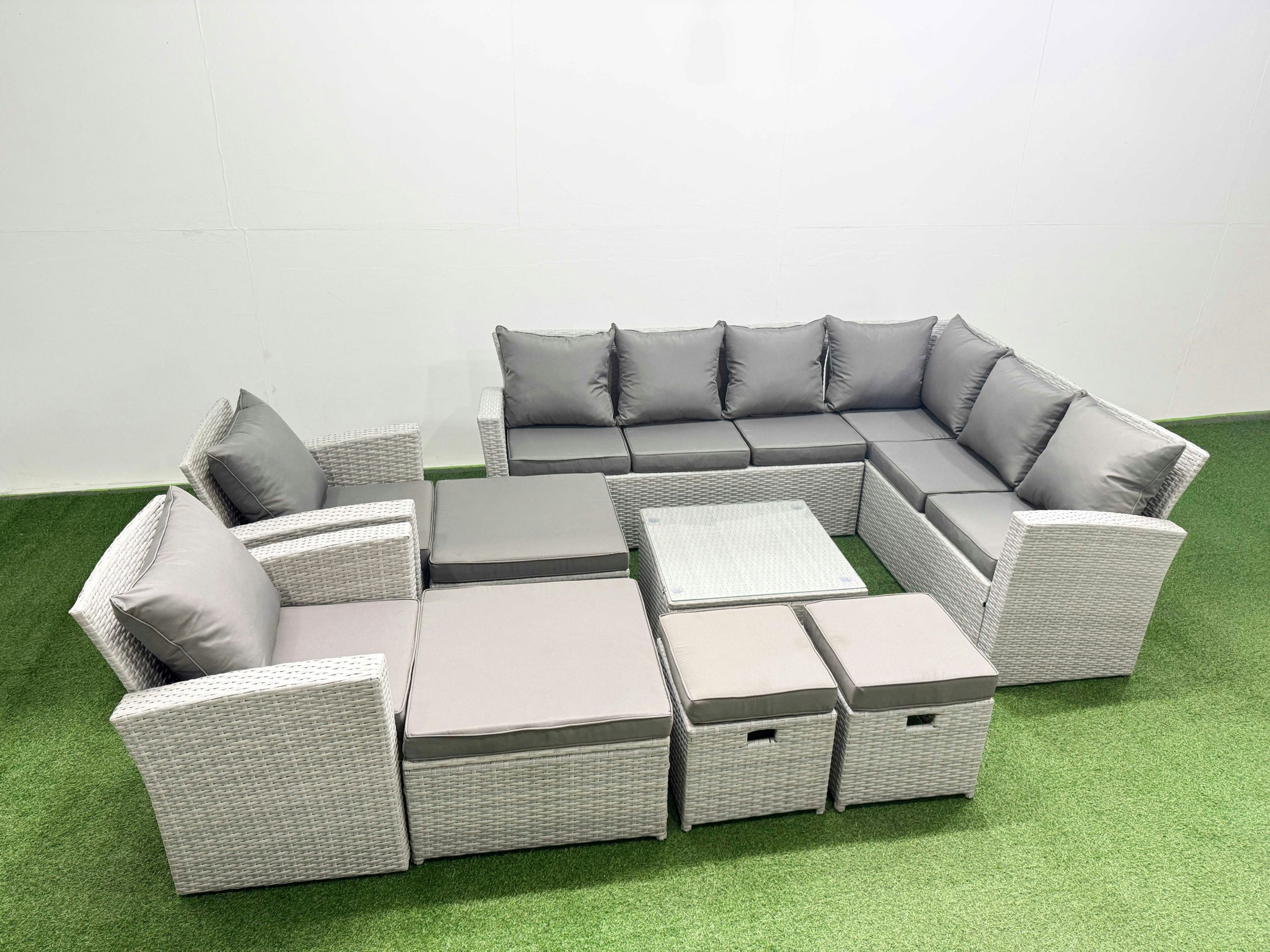 Fimous Light/Grey Rattan Garden Outdoor Furniture Set 12 Seater Rattan Garden Sofa Set With 2 Armchairs 4 Footstools Mixed