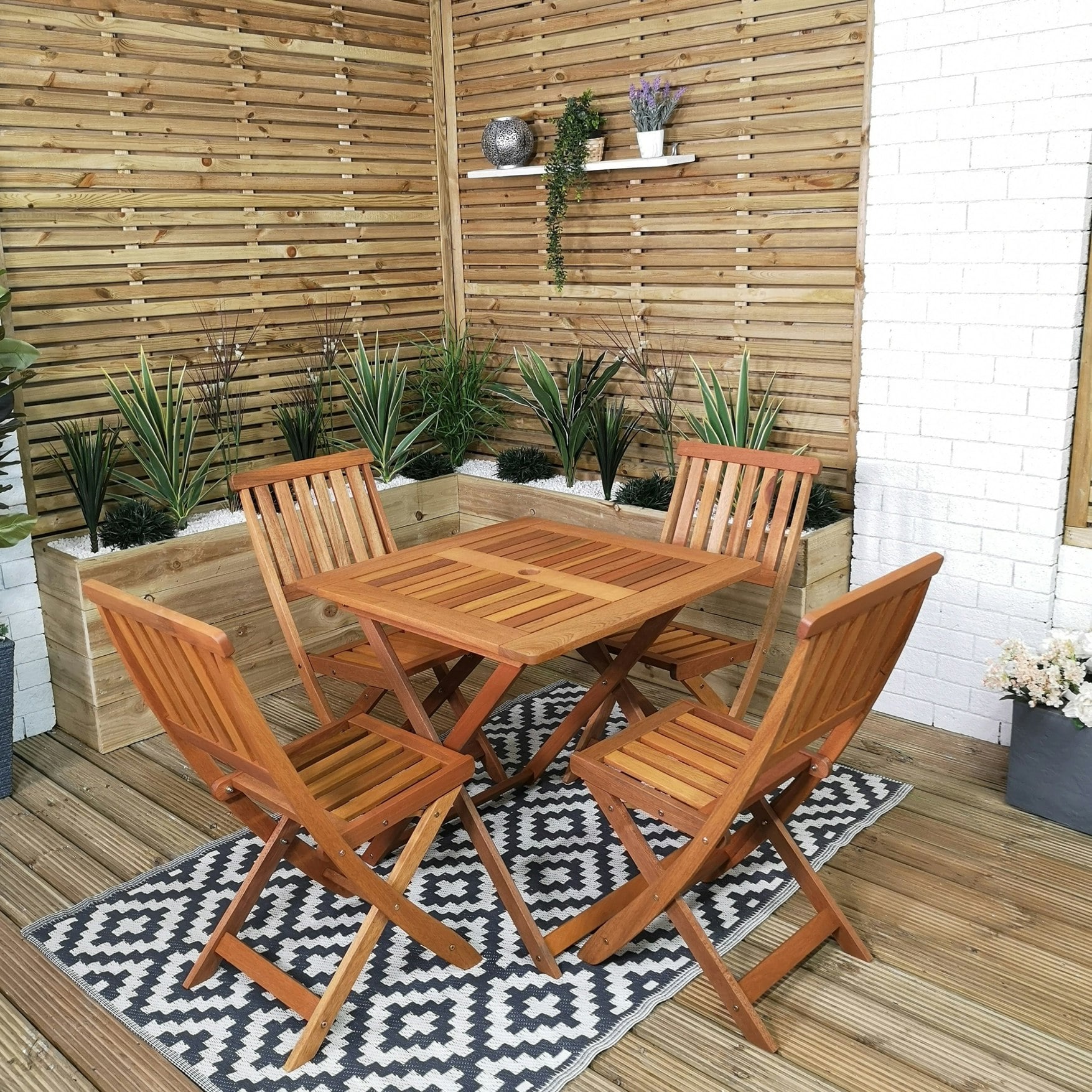 Rackhams Outdoor 4 Person Folding Square Wooden Garden Patio Dining Table And Chairs Set - Outdoor Furniture Sets