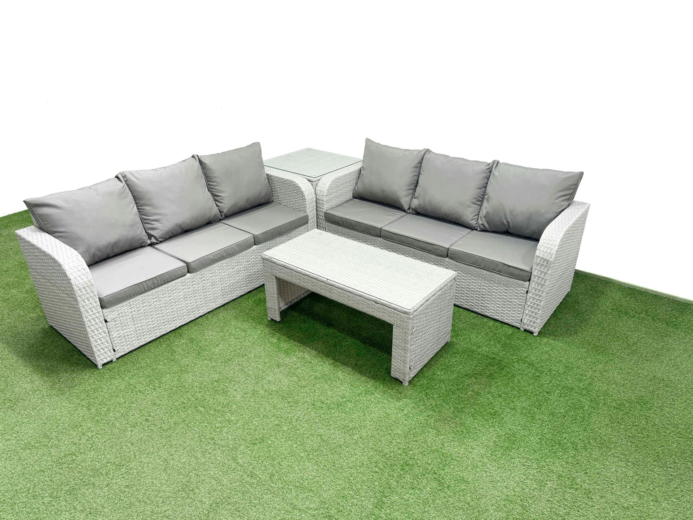 Rackhams Light/Grey Outdoor Garden Furniture Sets 6 Seater Wicker Rattan Furniture Sofa Sets With Oblong Coffee Table High Back Lounge Sofa Side Table