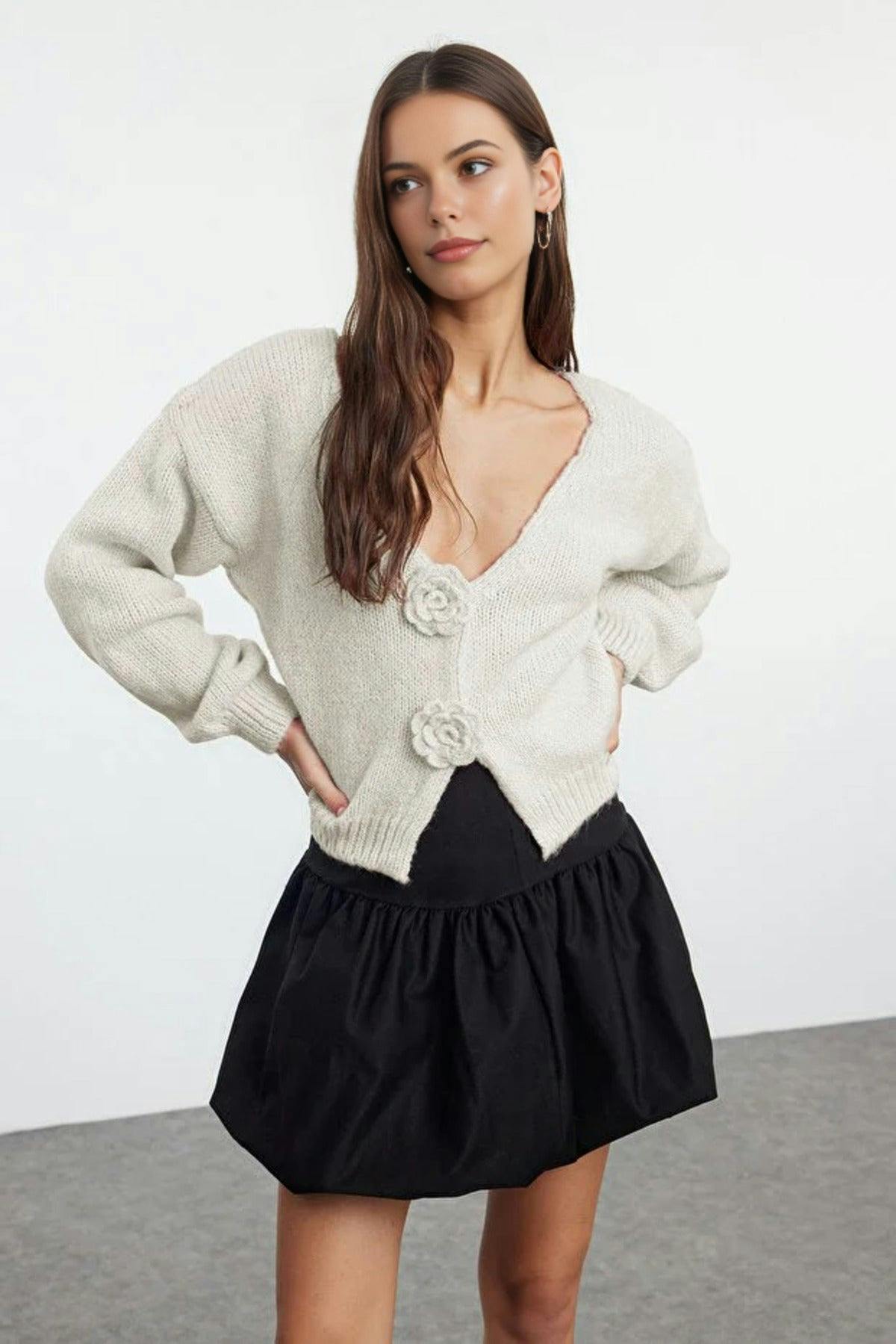 Wovcor Soft Textured Knit Cardigan With Rose Detail - Stone - M