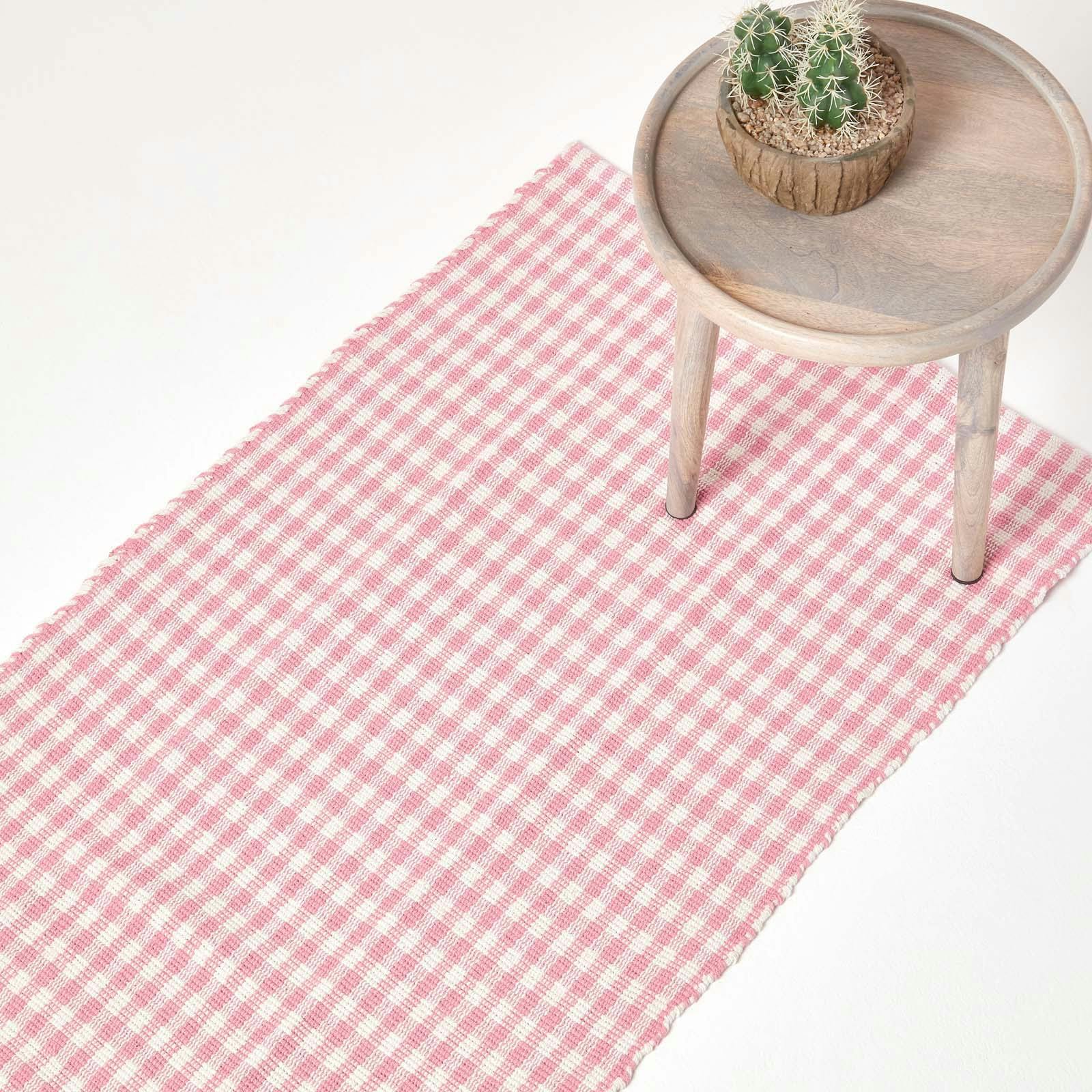 Homescapes Pink Cotton Hand Woven Gingham Check Rug - 66 X 200 Cm