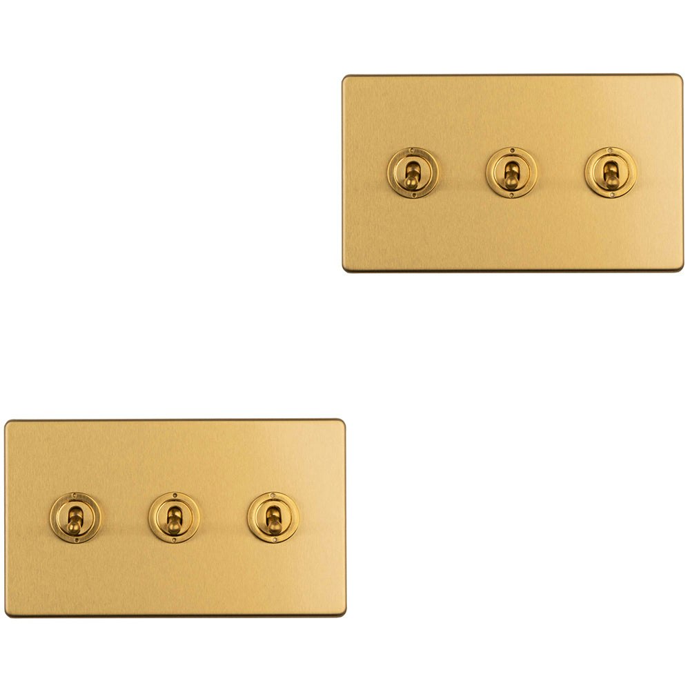 Rackhams Light Pack 3 Gang Triple Retro Toggle Switch Screwless Satin Brass 10A Way Size 2