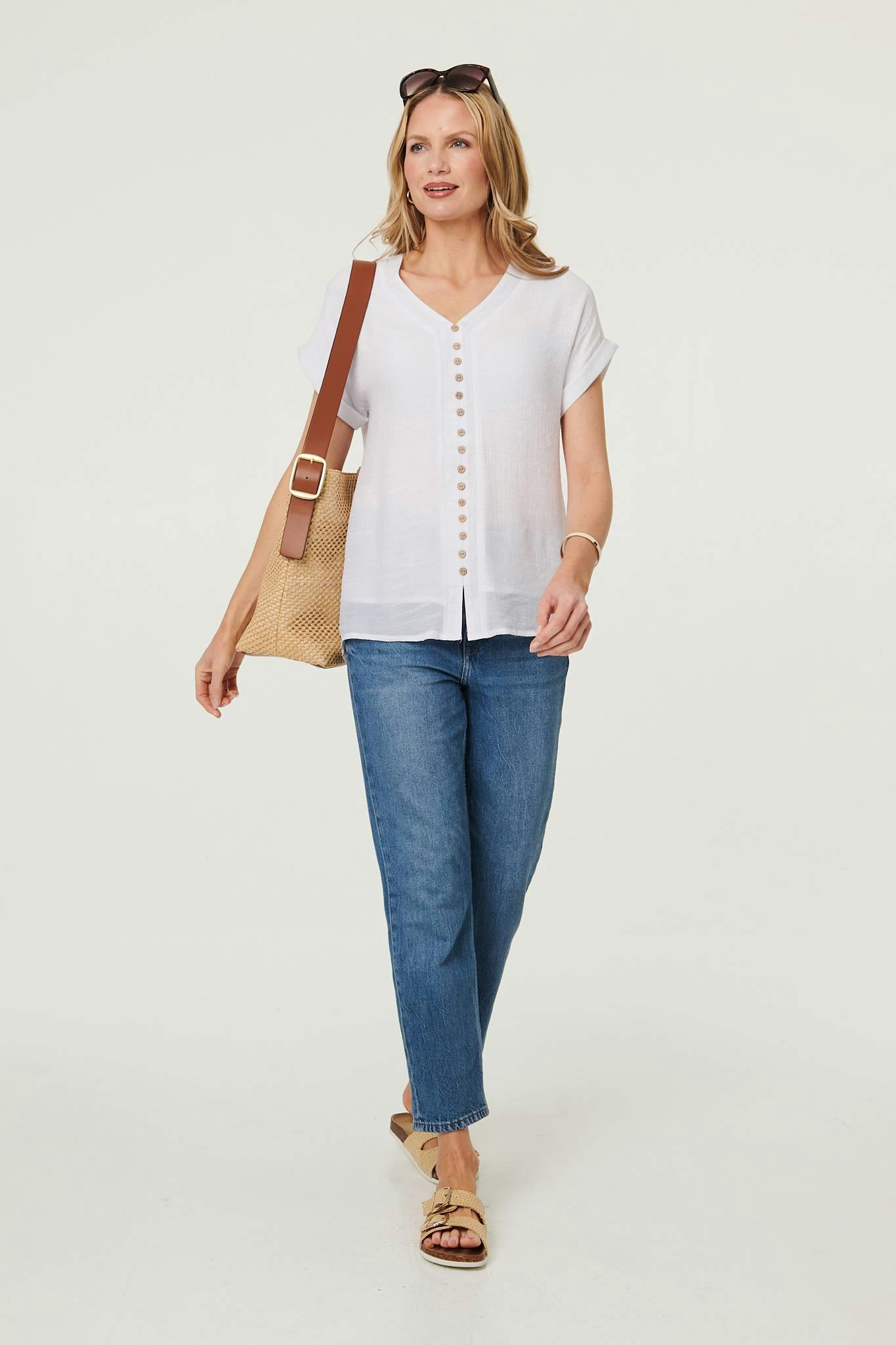 Izabel London White Relaxed Layered Short Sleeve Shirt - 8