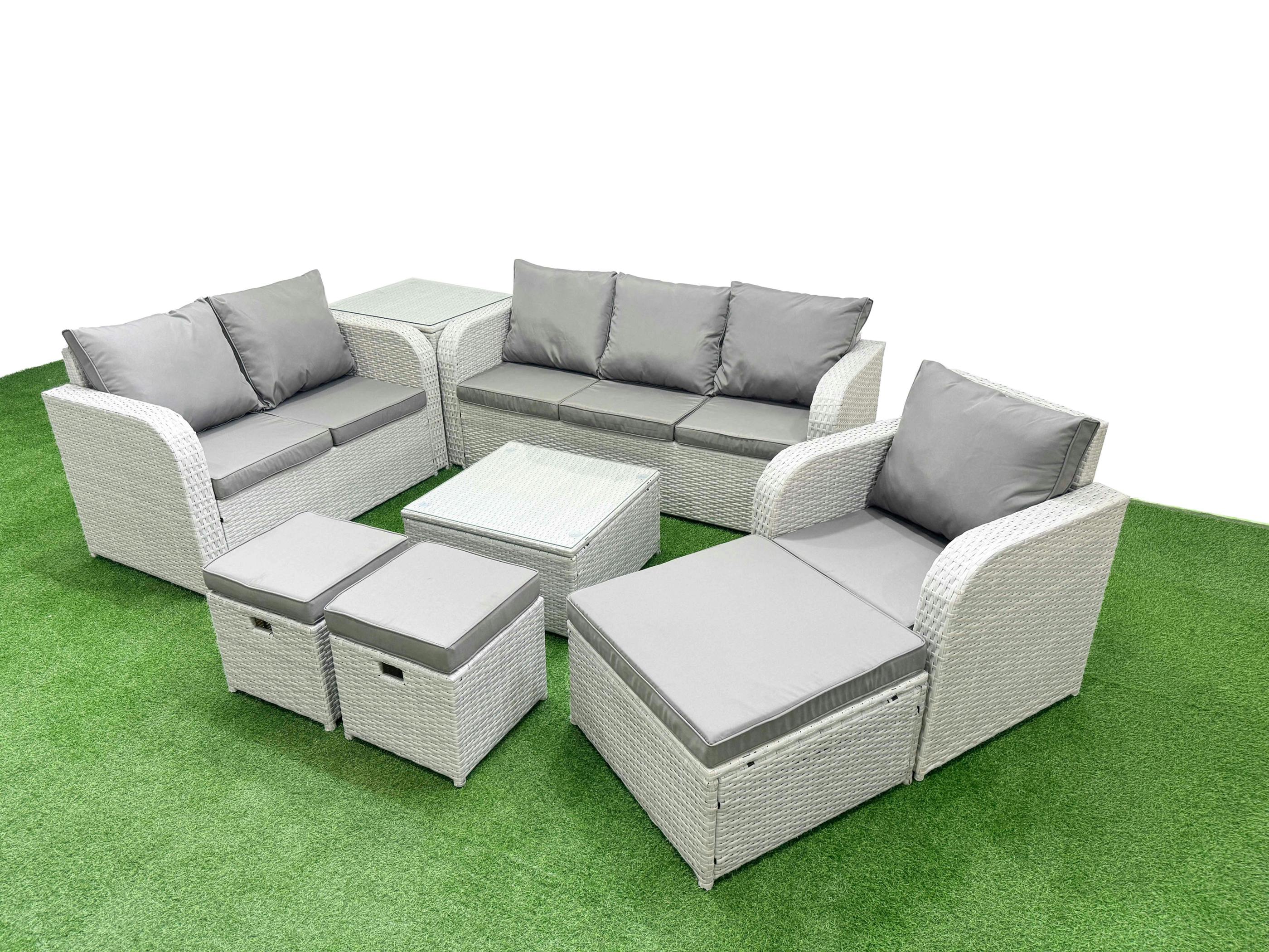 Rackhams Light/Grey 9 Seater Garden Sofa Set, Pe Wicker, Square Coffee Table, Reclining Chair, Loveseat, 3 Seater Sofa, Stool And Side Table,