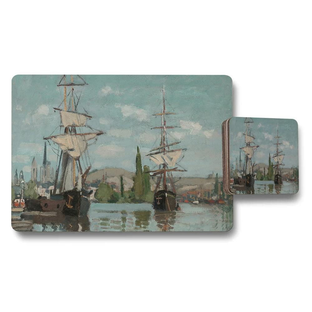 Benjamin Tate Design Harbor Scene Ship Art Placemat And Coaster Set For Dining Room
