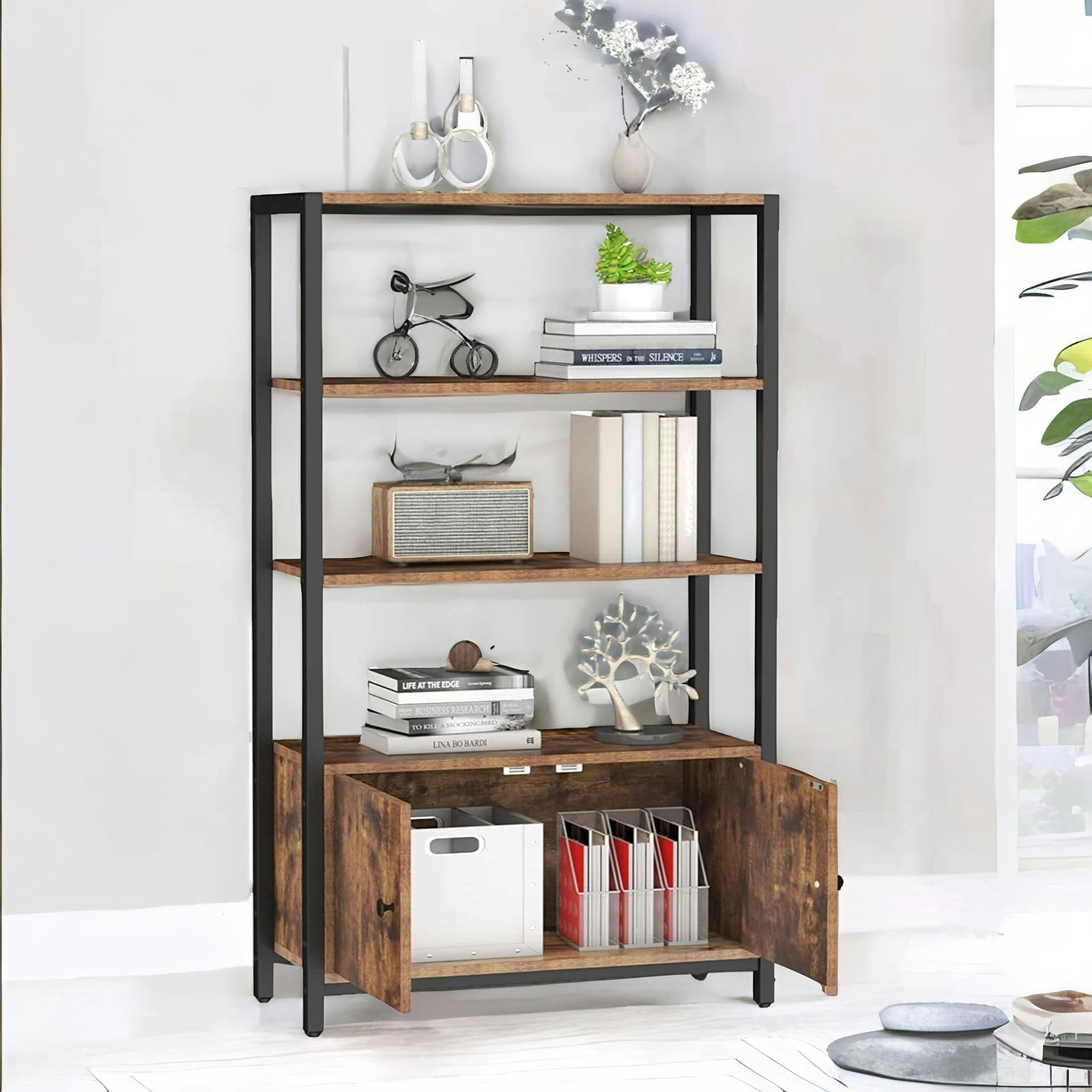 Rafaelo Mobilia Brown/Black Industrial Bookcase With 3 Shelves & Cupboard
