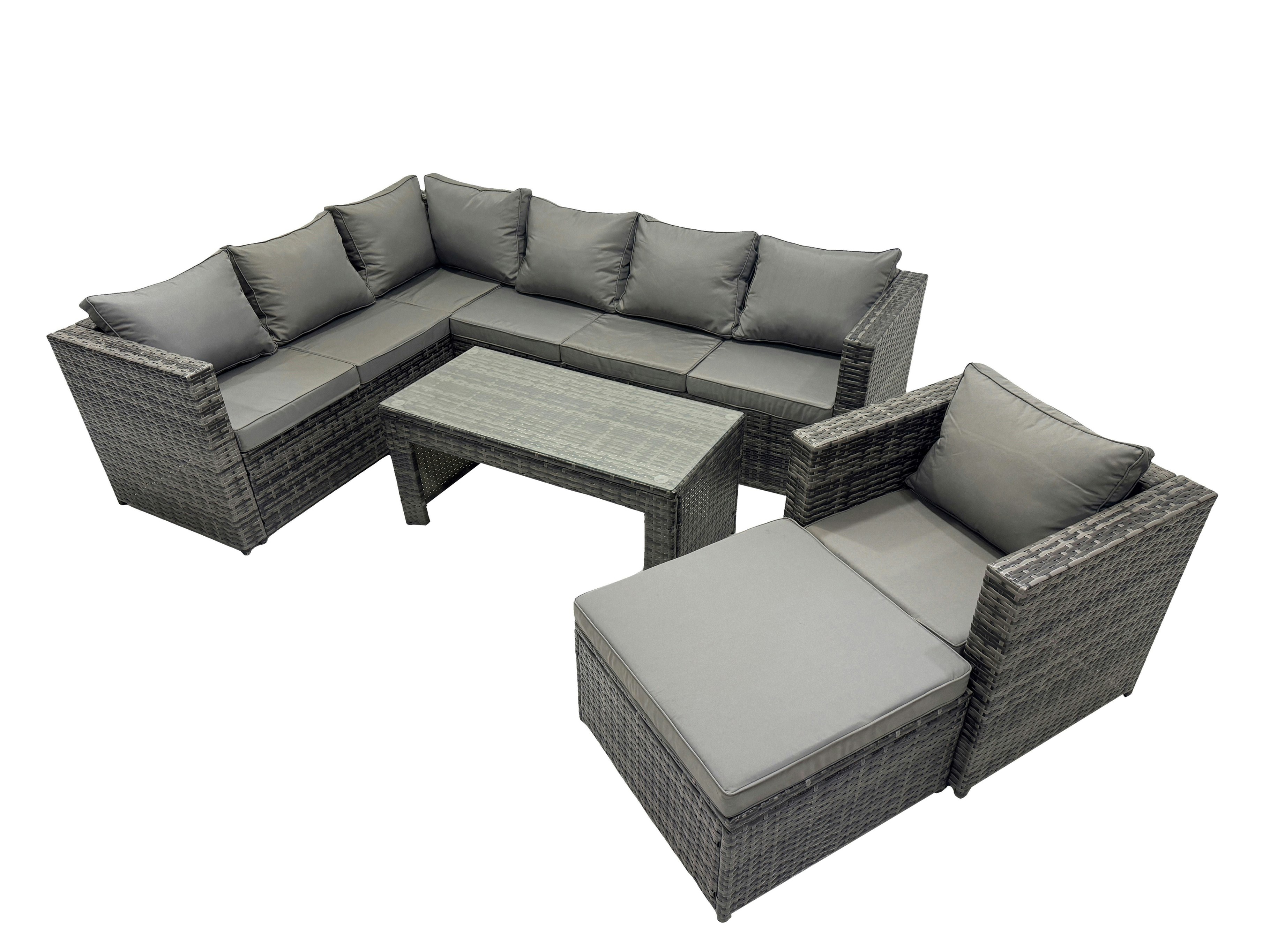 Rackhams Dark/Grey 5 Pieces Outdoor Pe Rattan Garden Furniture Corner Sofa Oblong Coffee Table Set With Cushions Big Footstool Mixed