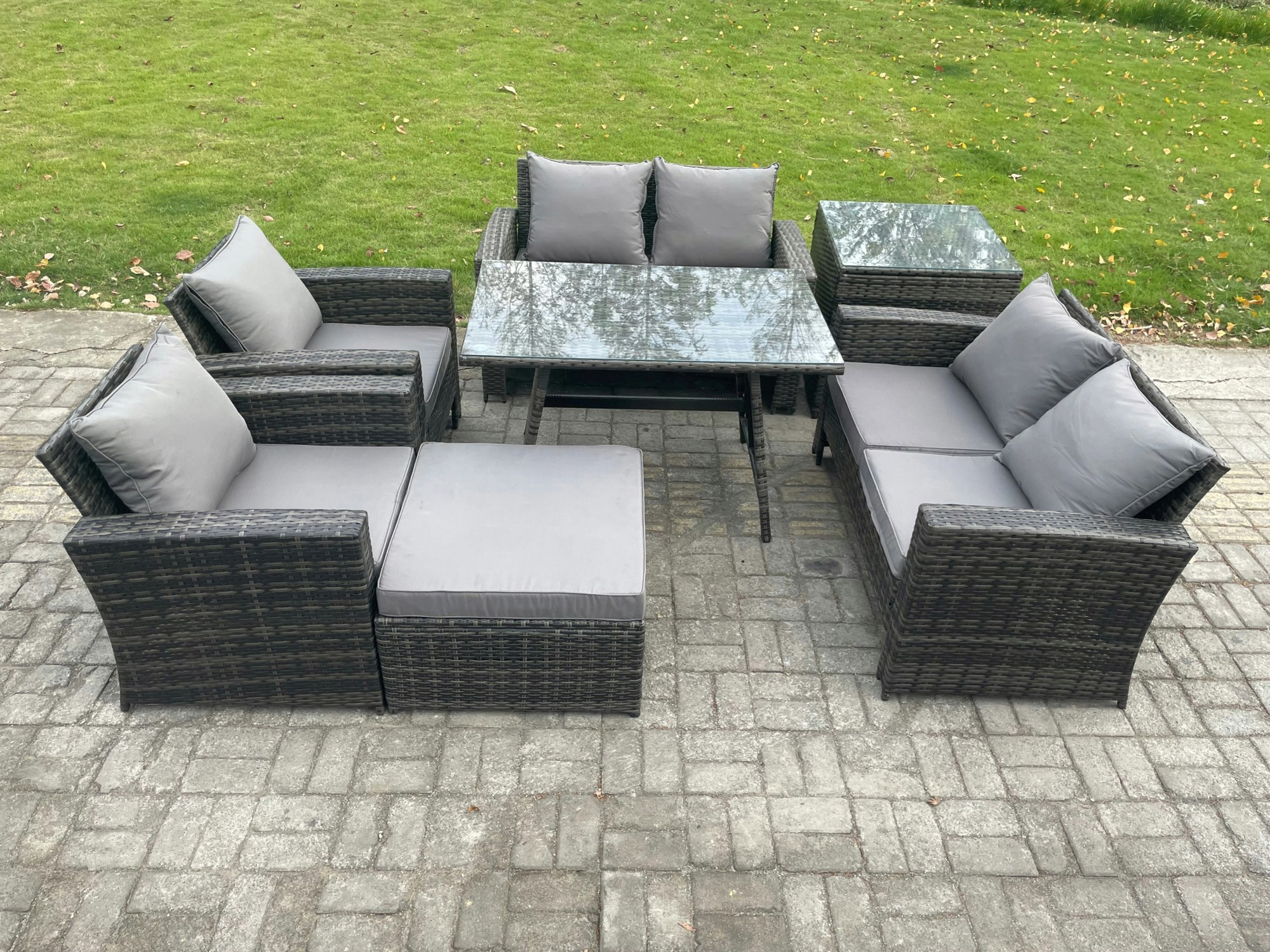 Fimous Dark/Grey 7 Seater Mixed Rattan Outdoor Lounge Set - Rectangular Dining Table, Loveseat, Side Table & Footstool