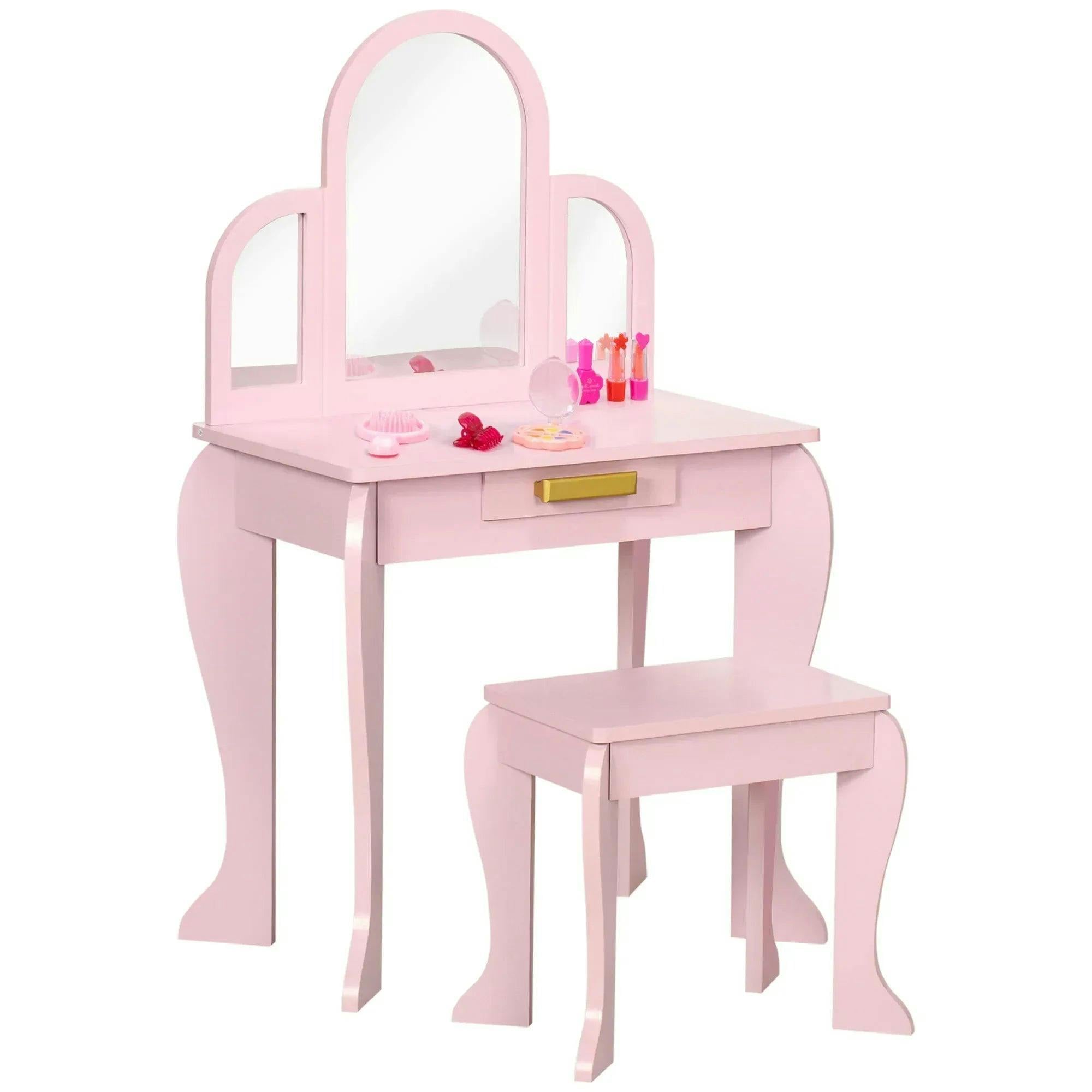 HOMCOM Kids Dressing Table Set - Pink Vanity Set with Stool - MDF, Acrylic - 3-6 Years - Image 6