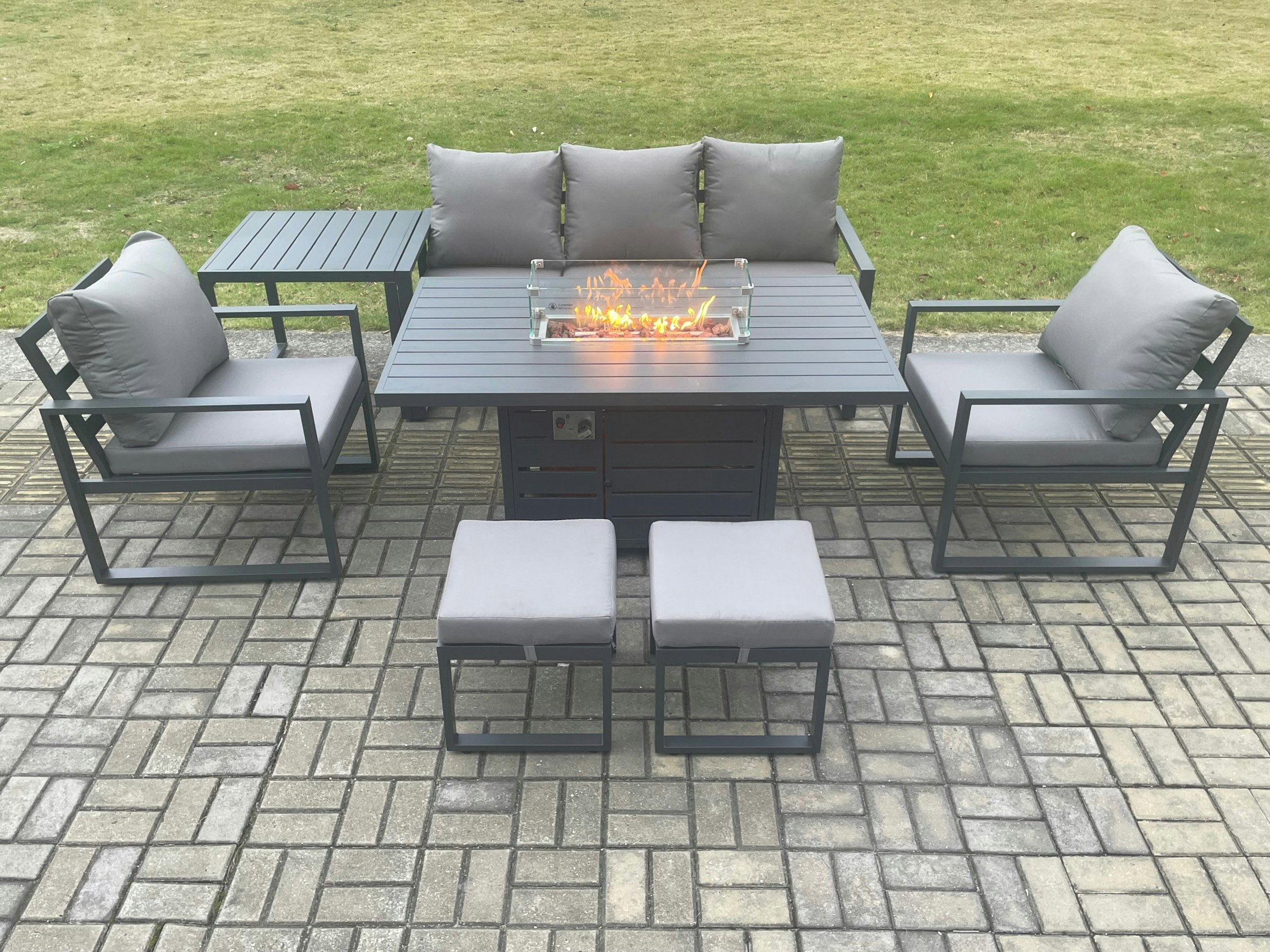 Fimous Dark/Grey Aluminium Patio Outdoor Garden Furniture Lounge Sofa Set Gas Fire Pit Dining Table With Side Table 2 Small Footstools
