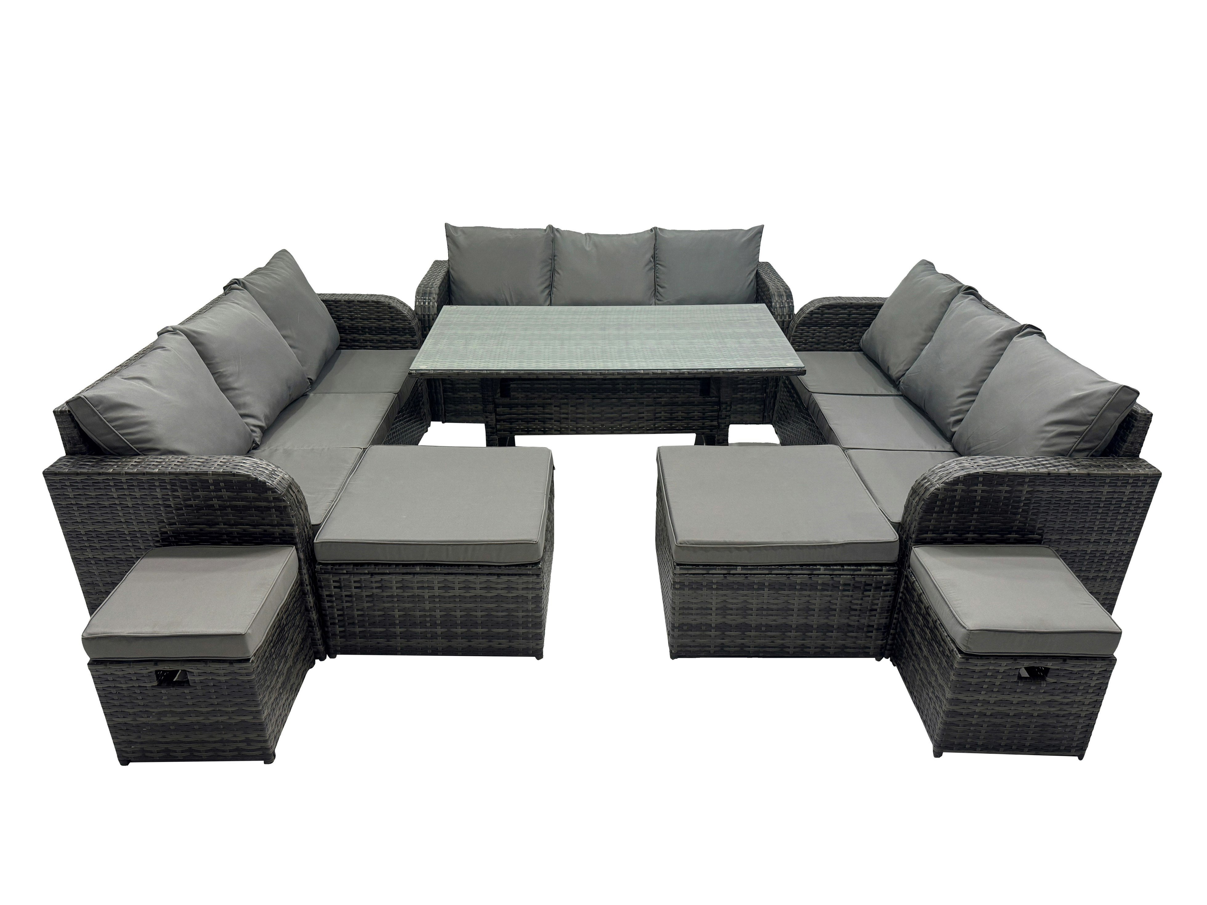 Rackhams Dark/Grey 13 Seater Garden Outdoor Rattan Furniture Set Rattan Sofa Oblong Dining Table With 4 Footstools