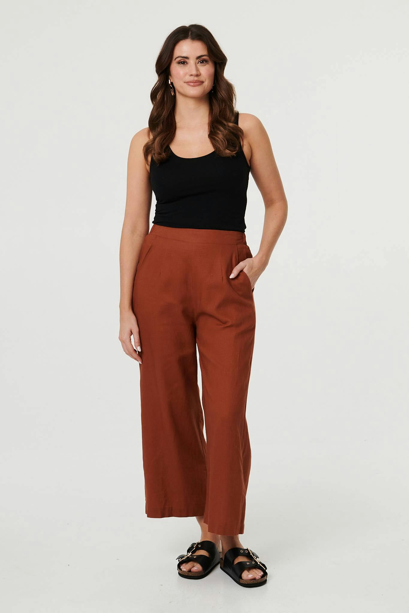 Izabel London High Waist Wide Relaxed Trousers - 16 - Rust