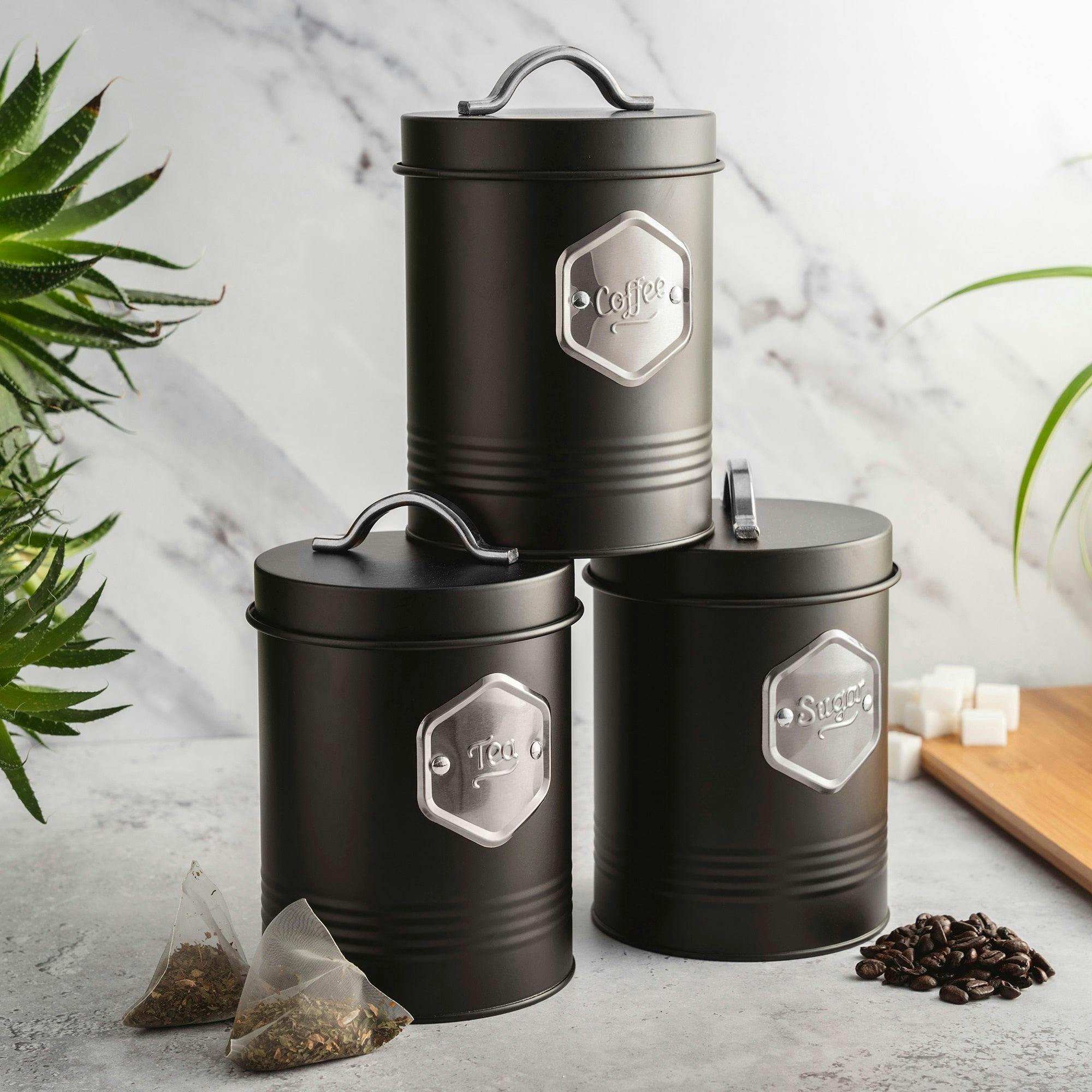B&Q - 3 Piece Tea Coffee Sugar Cannister SetLabelled Kitchen Storage Tins With Airtight LidsBlack & Silver - Image 4