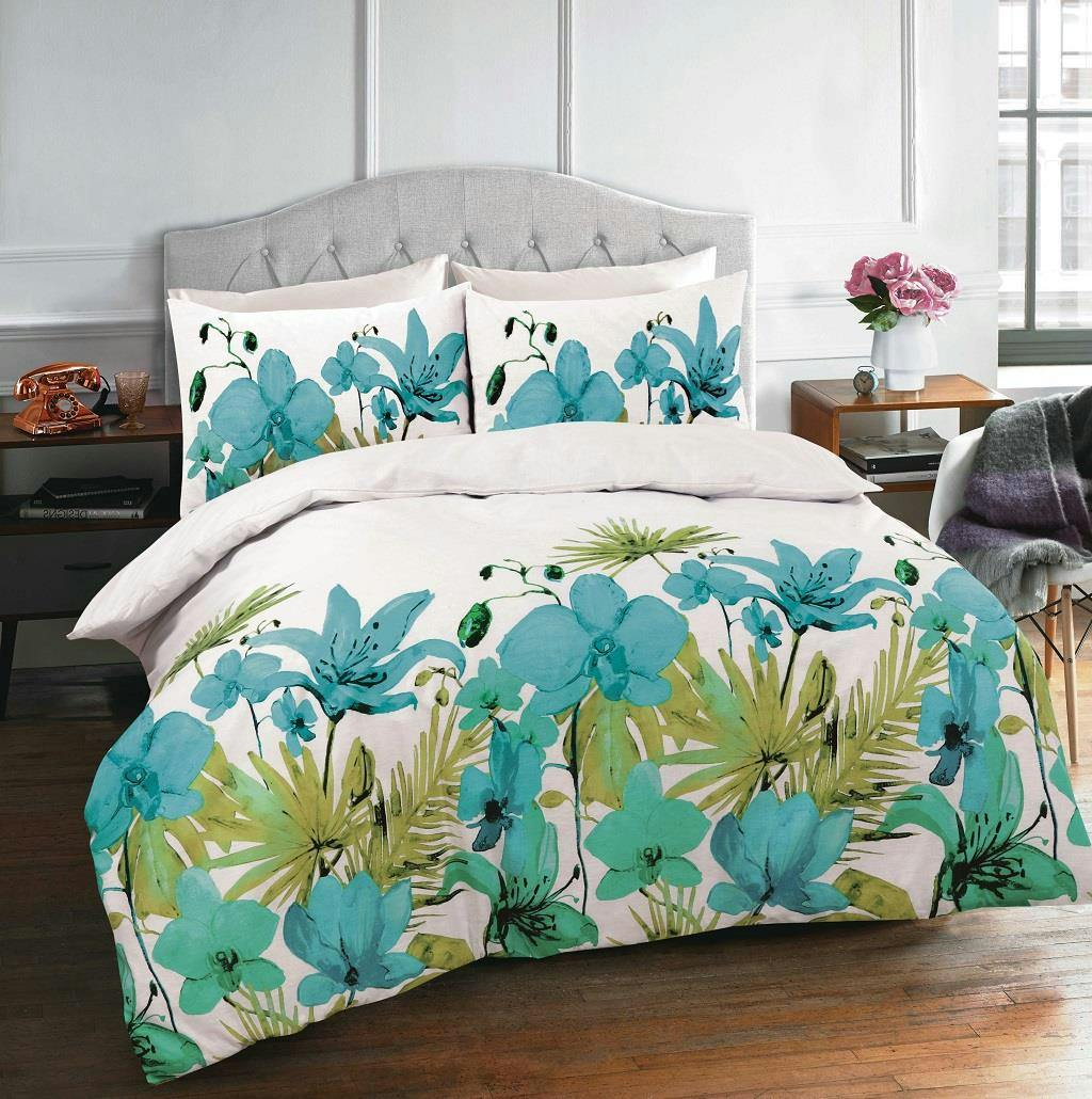 Homespace Direct Green Lily Teal Duvet Cover Set - King