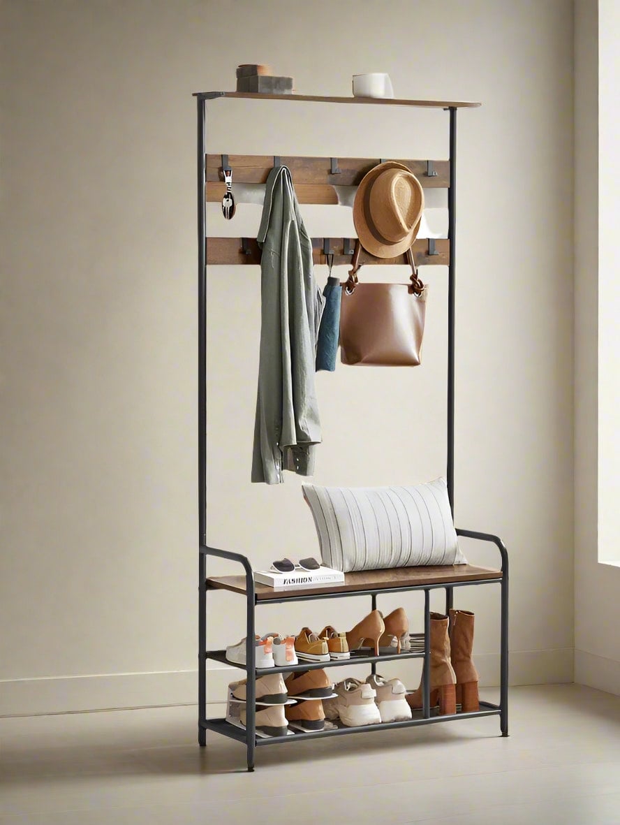 Rackhams Brown/Black Industrial Coat Tree With Shoe Storage Bench – 9 Hooks