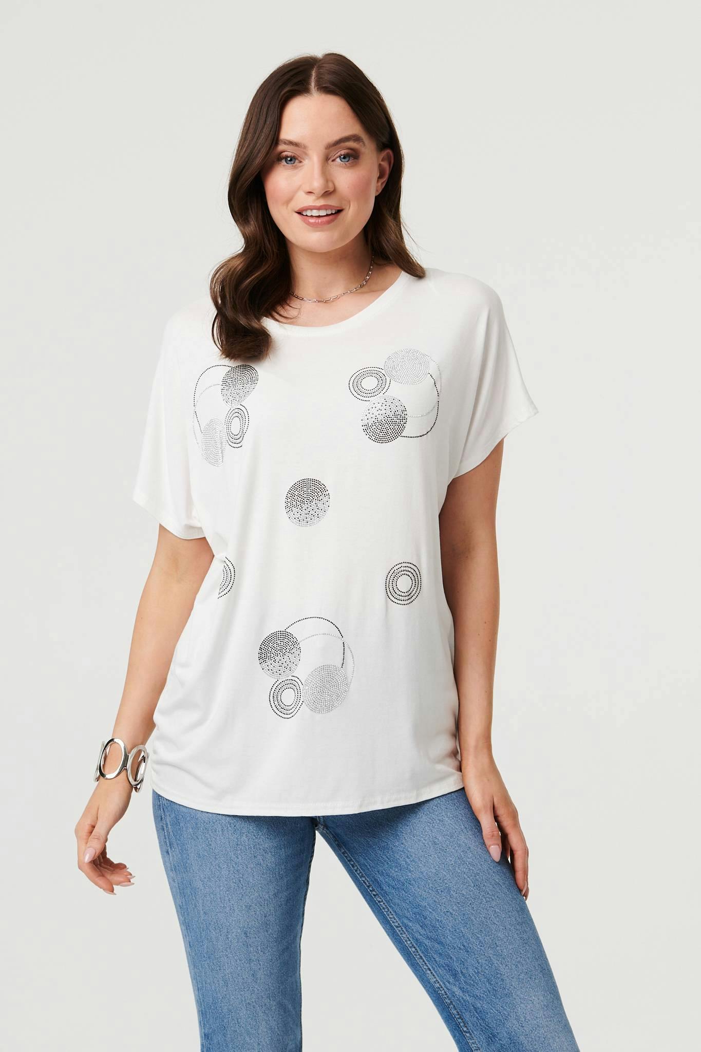 Izabel London White Sparkly Graphic Print Relaxed T-Shirt - 16