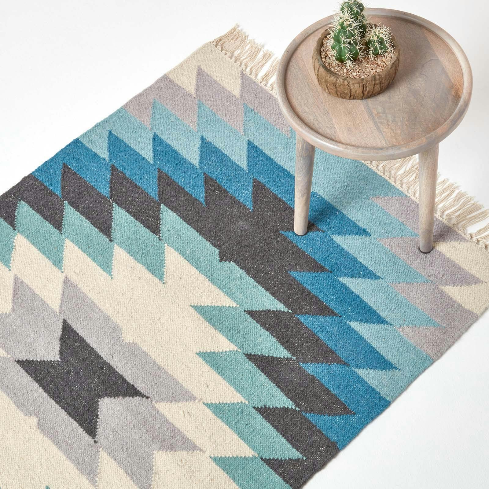 Homescapes Blue/Grey/Cream Helsinki Handwoven Geometric And Kilim Wool Rug - 120 X 170 Cm