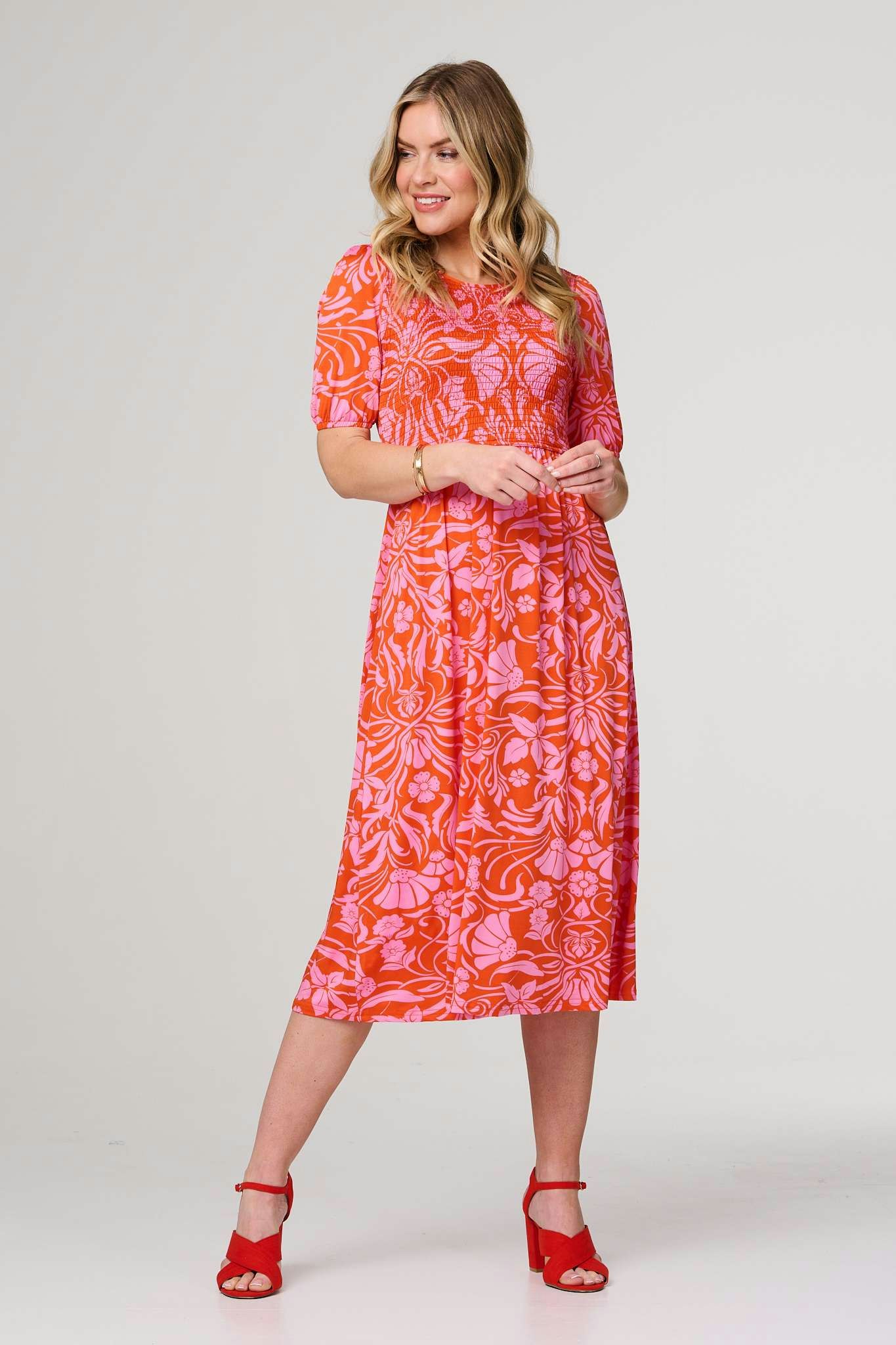 Izabel London Orange Floral Smocked Detail Midi Dress - Xl