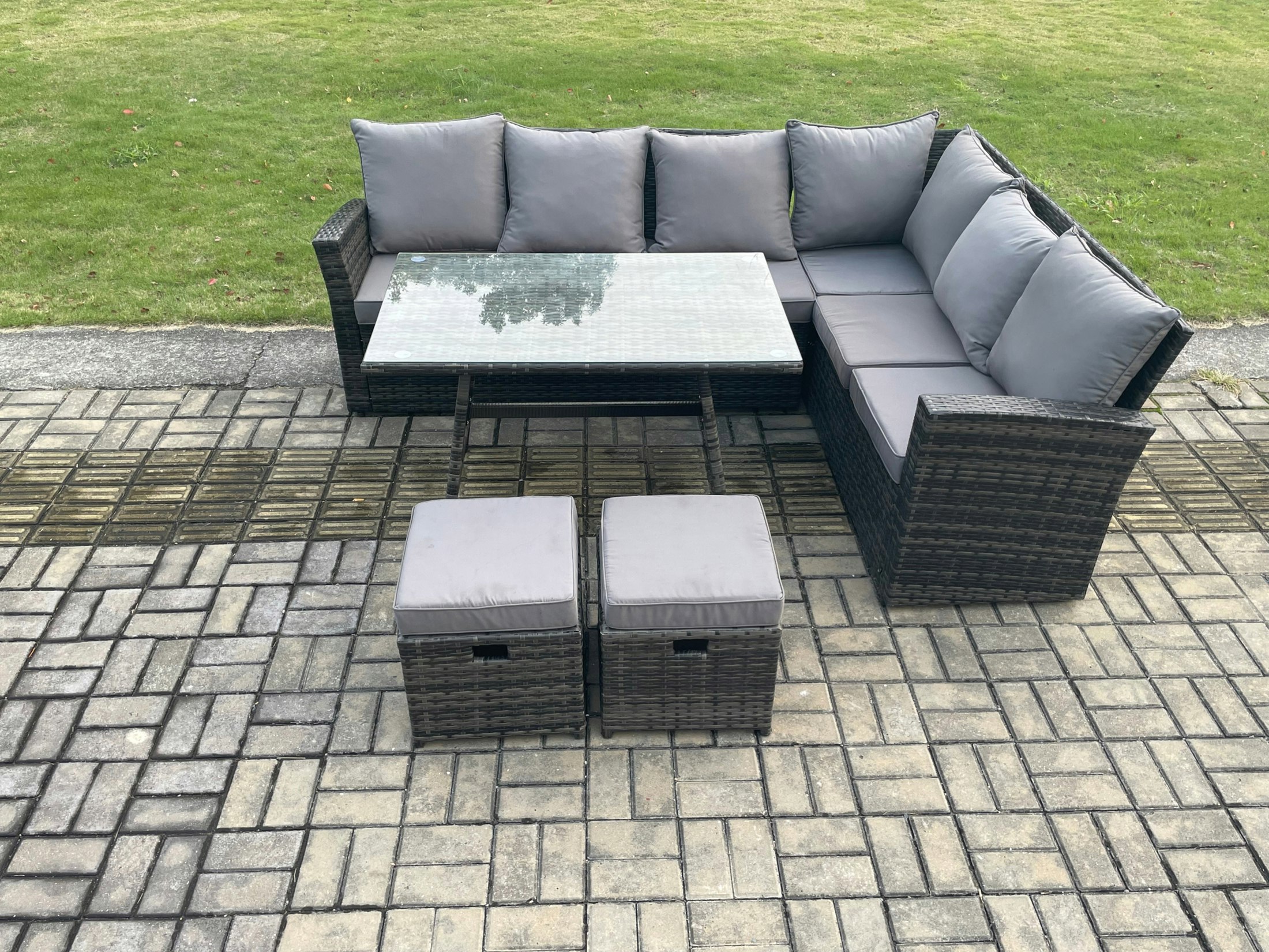 Fimous Dark/Grey Outdoor Furniture Garden Dining Set Rattan Corner Sofa Set Rectangular Dining Table With Temper Glass 2 Small Footstools Mixed