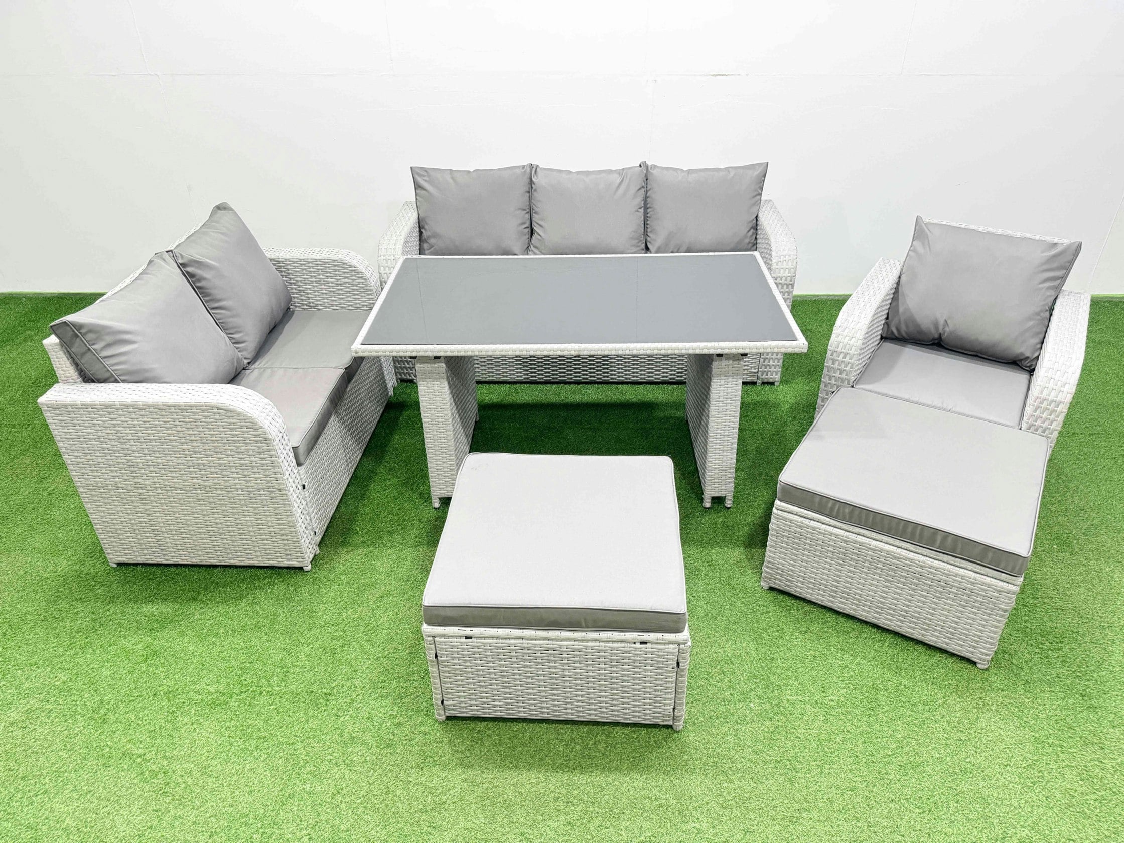 Fimous Light/Grey Rattan Outdoor Table Reclining Chair Sofa Set With 2 Big Stools 8 Seater