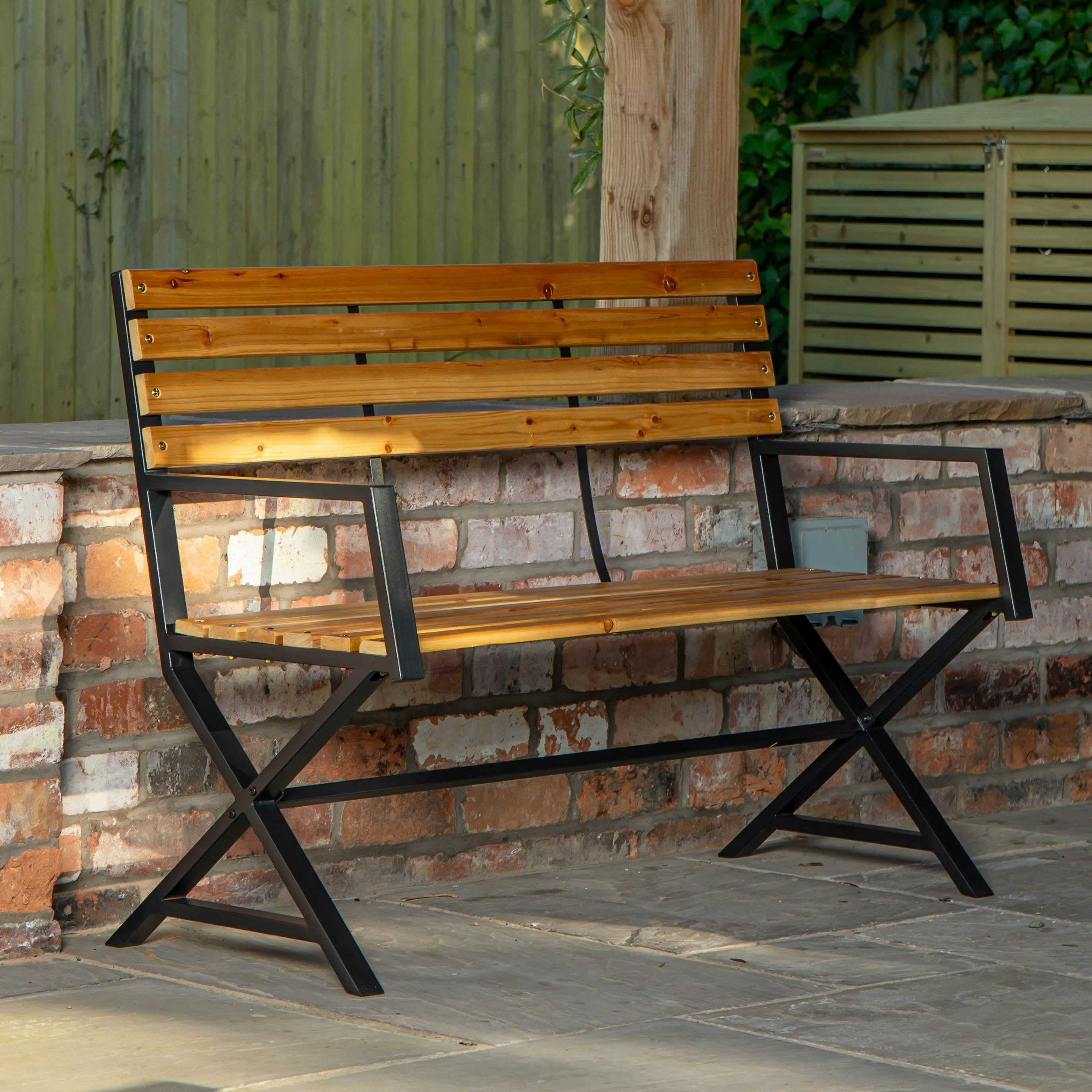 Rackhams Black Kendal 2 Person Outdoor Modern Cross Design Metal Wooden Garden Patio Bench