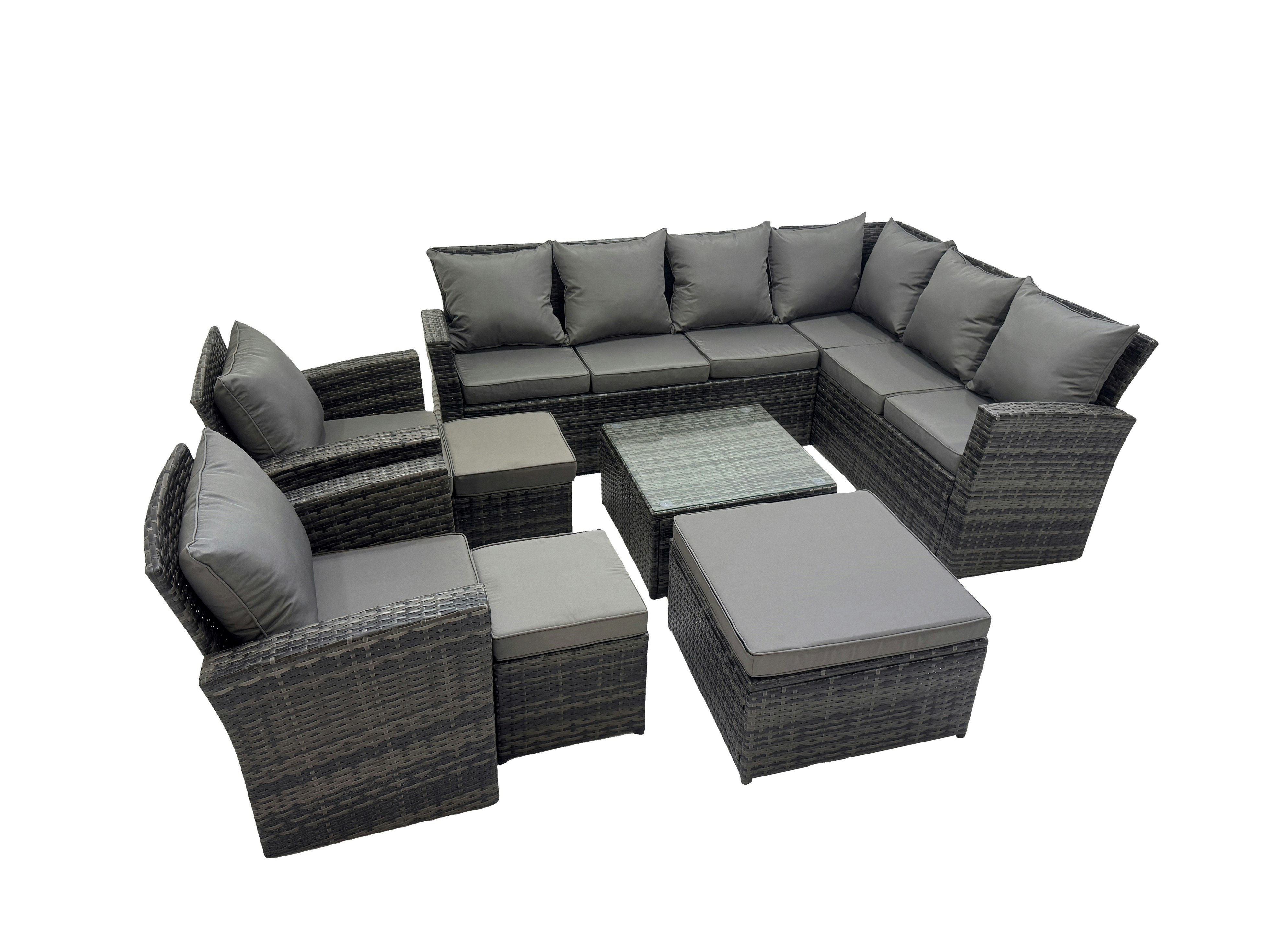 Fimous Dark/Grey Rattan Garden Outdoor Furniture Set 11 Seater Garden Sofa Coffee Table Set With 2 Chairs 3 Footstools Mixed