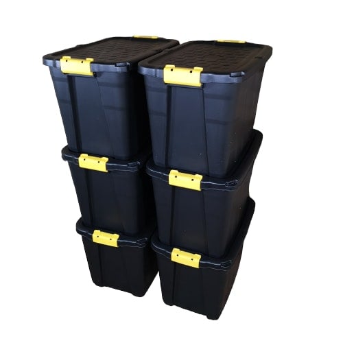 Rackhams Black 6 X 60L Heavy Duty Storage Tubs Sturdy, Lockable, Stackable And Nestable Design Storage Chests With Clips In