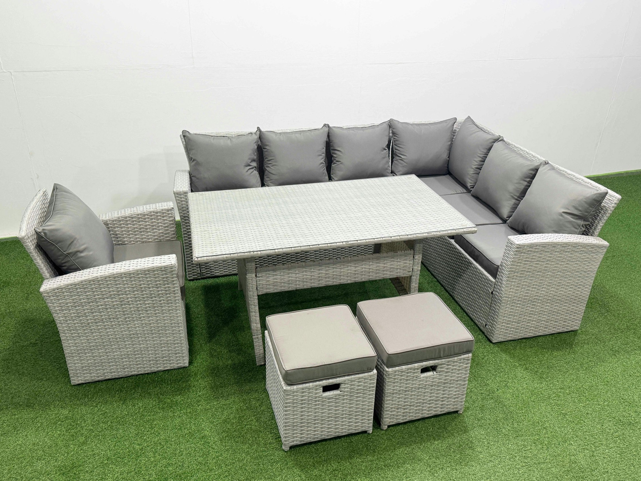 Rackhams Light/Grey Rattan Garden Furniture Set Outdoor 9 Seater Patio Dining Corner Sofa Sets With Dining Table Chair 2 Small Footstools Mixed