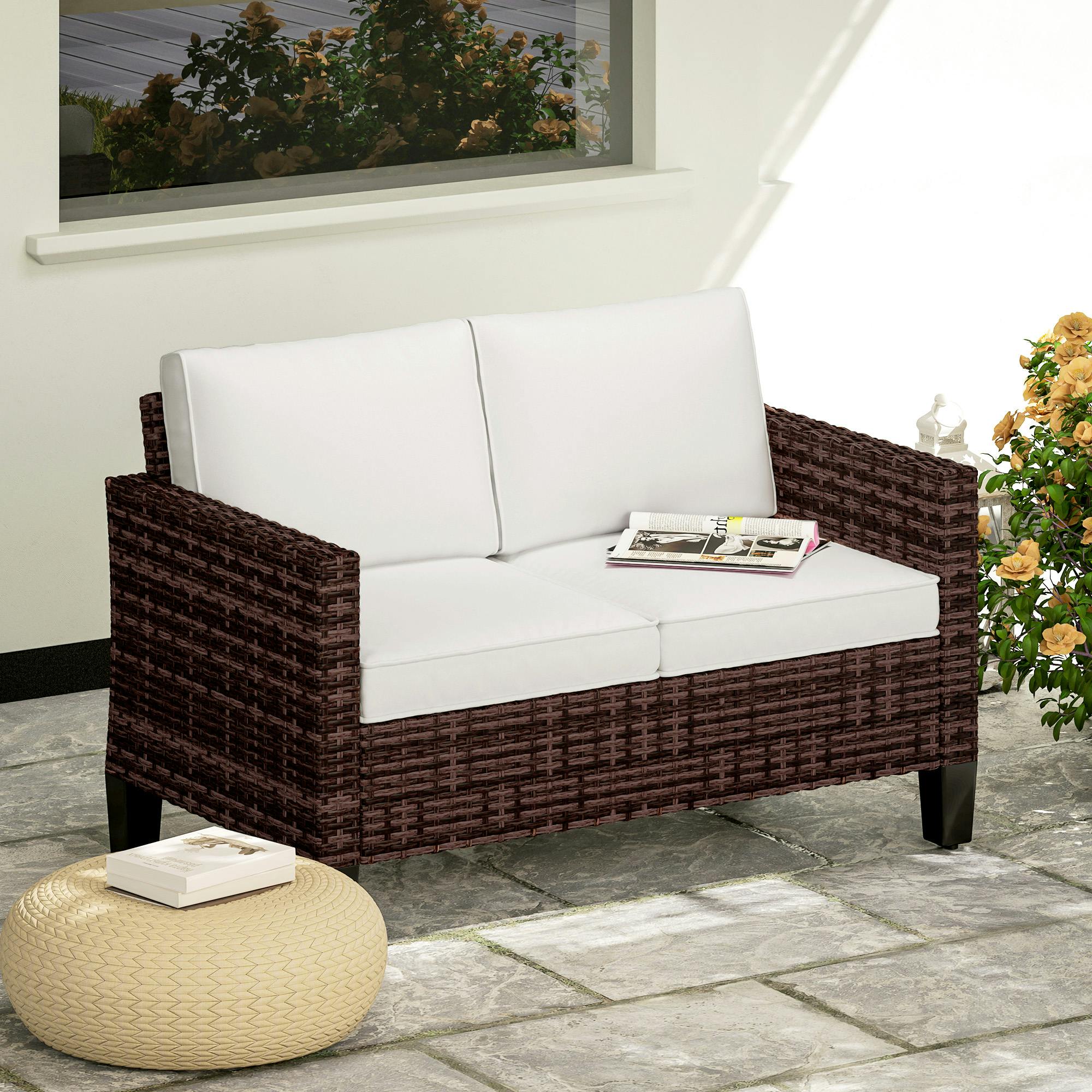 Rackhams Brown Rattan Sofa W/ Cushions, 2 Seater Garden Furniture