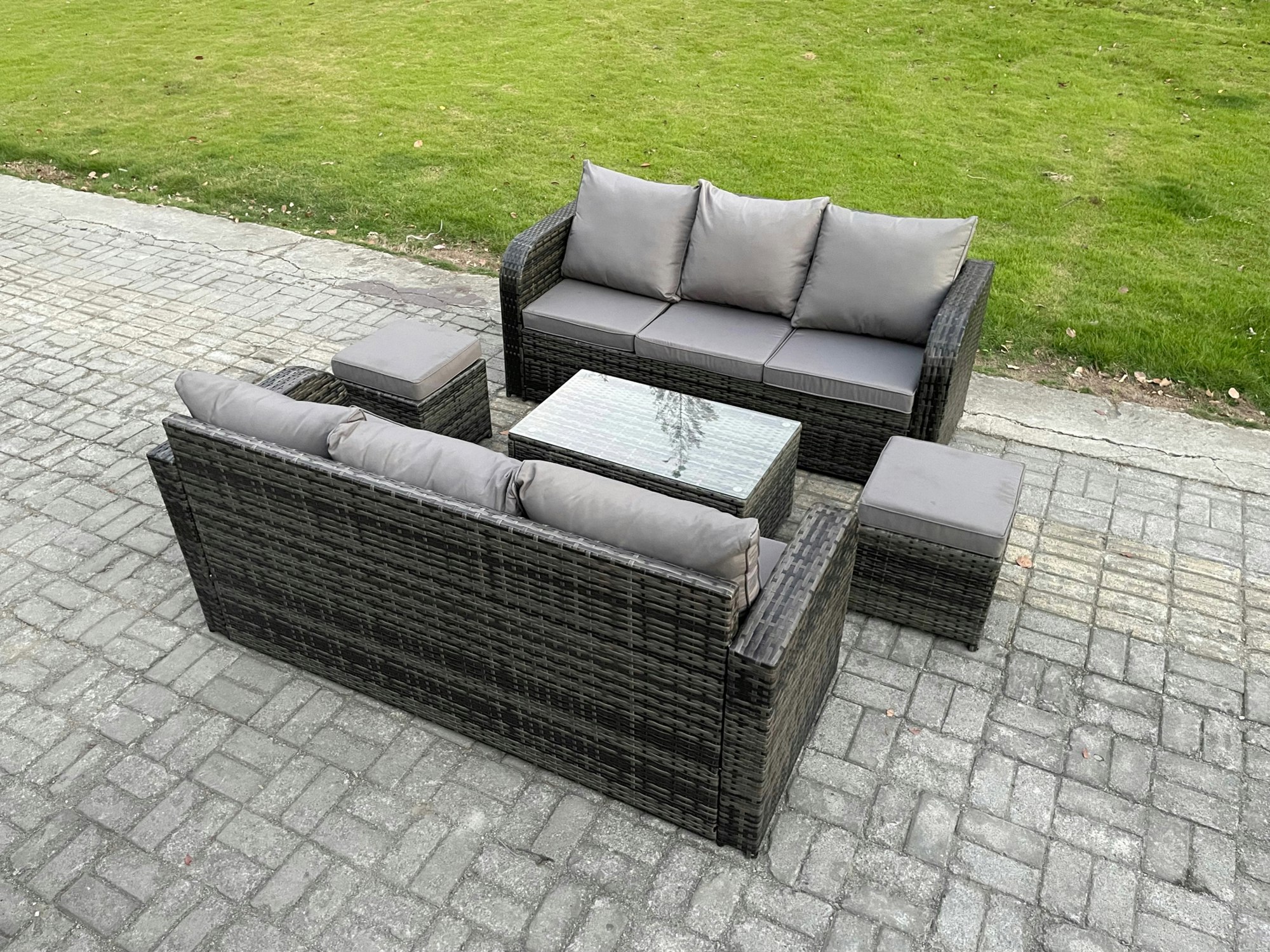Fimous Dark/Grey 8 Seater Mixed Rattan Outdoor Sofa Set - Rectangular Coffee Table, 3-Seater Sofa & 2 Footstools