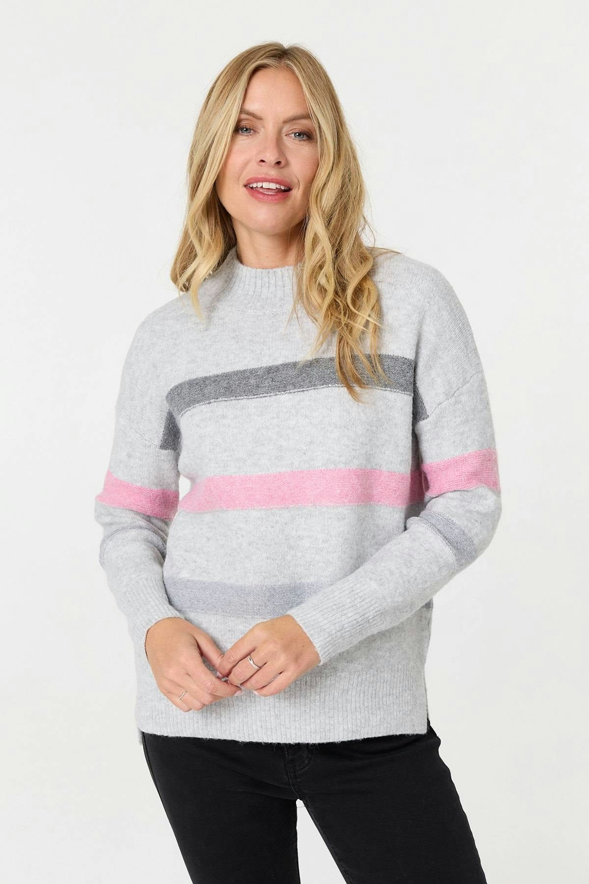 Izabel London Grey Striped High Neck Boxy Jumper - 18